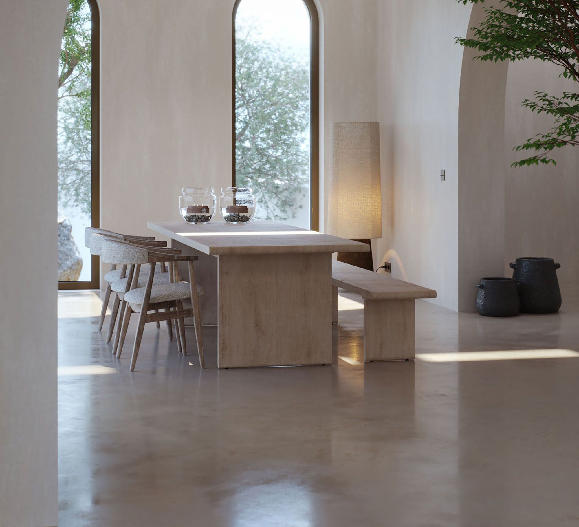 Bank Drake aus massiver Eiche in Naturfarbe am Esstisch Drake, minimalistisches Design, Länge 250 cm