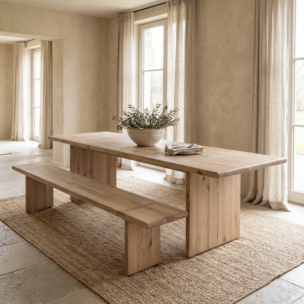 Bank Drake aus massiver Eiche in Naturfarbe am Esstisch Drake, minimalistisches Design, Länge 250 cm