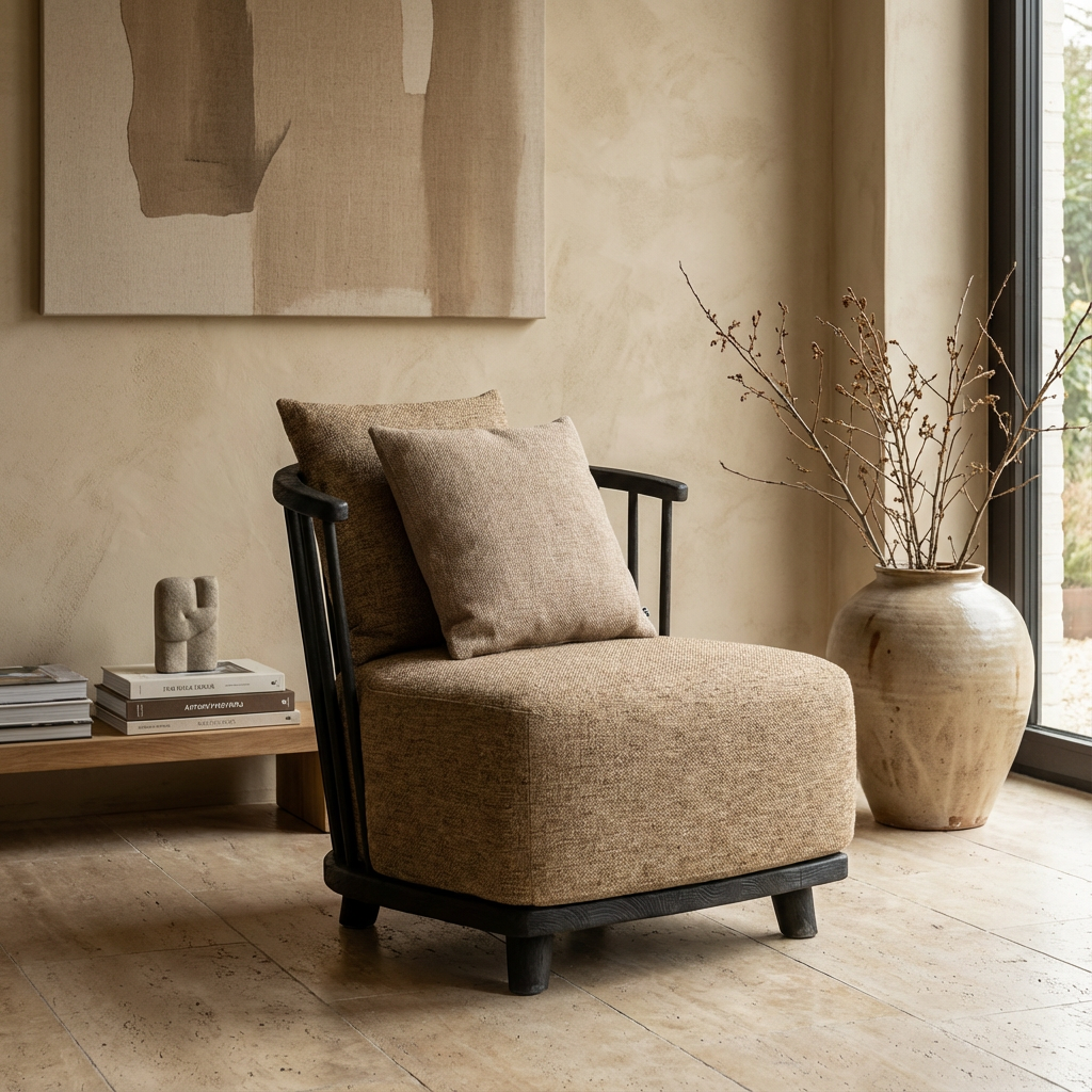 Eleganter Sessel Carol Indoor von Gommaire aus recyceltem Teakholz mit hochwertigem Polster in edlem Stoff, passend für moderne Wohnräume