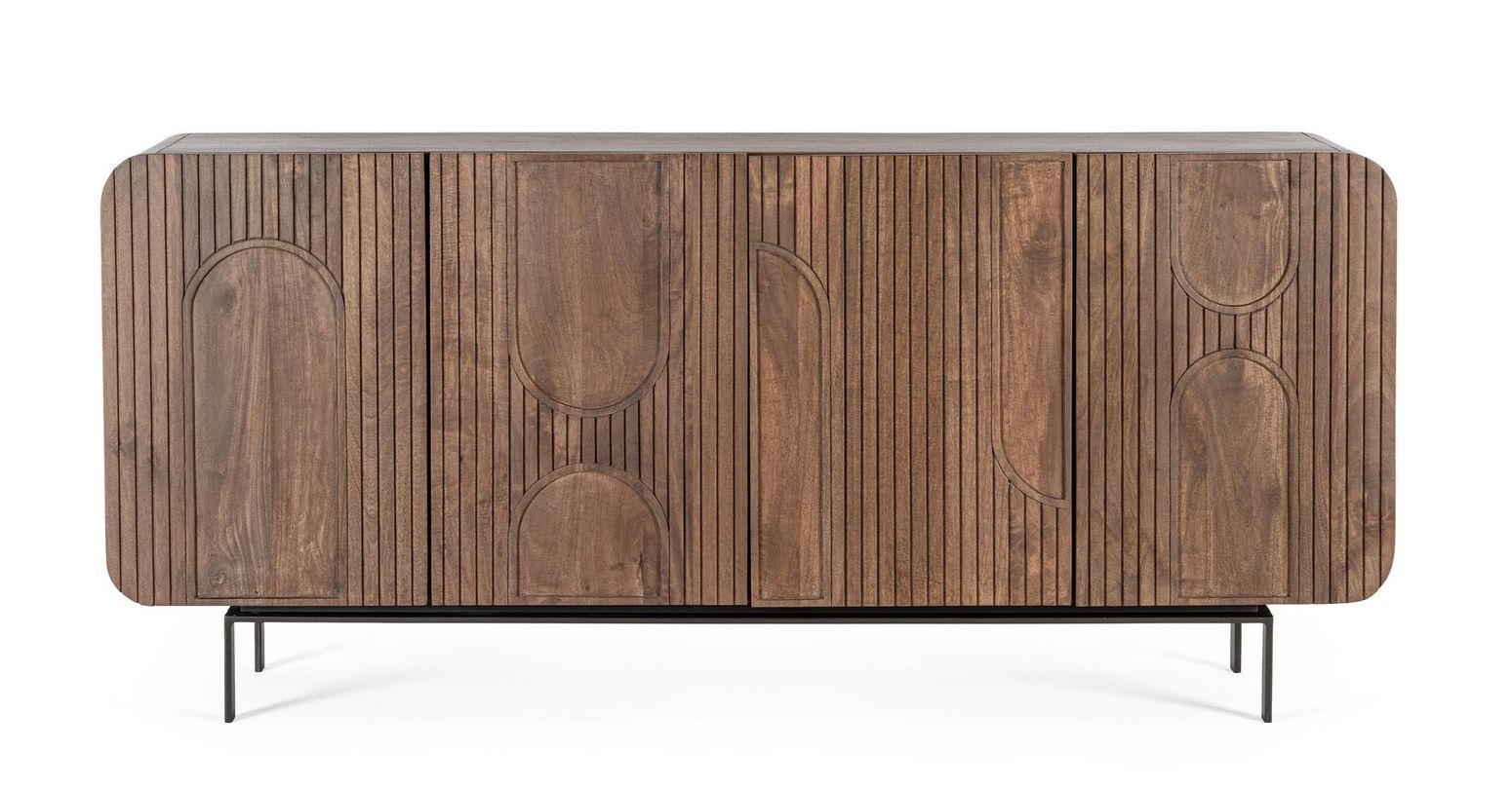 Sideboard Orissa 4-Türig Braun aus Mangoholz mit gerillten Oberflächen