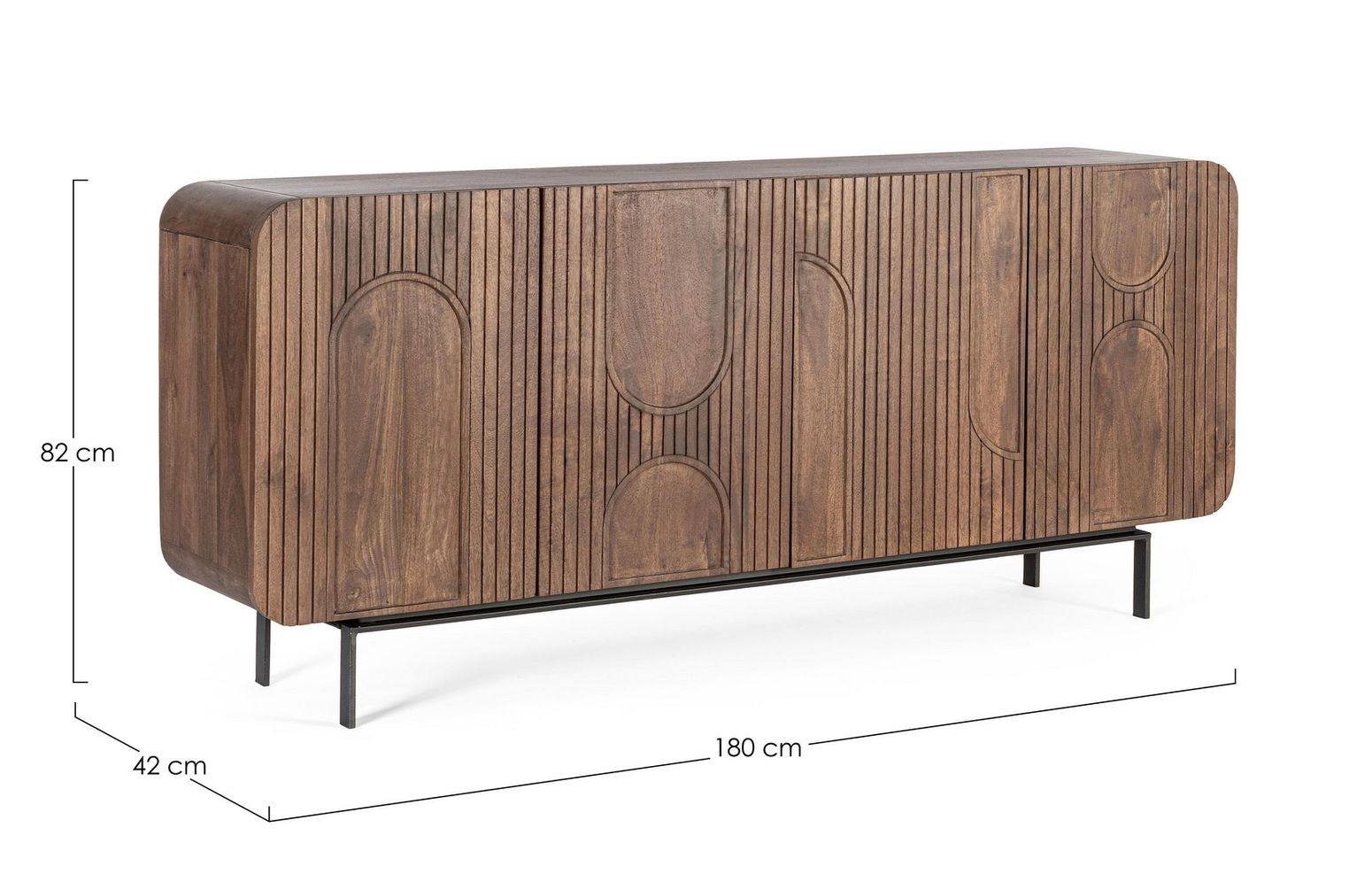 Sideboard Orissa 4-Türig Braun aus Mangoholz mit gerillten Oberflächen
