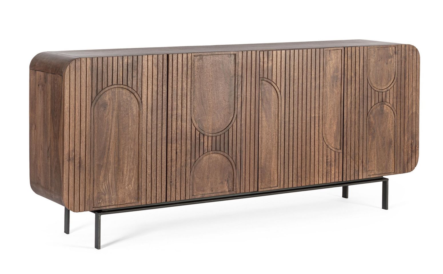 Sideboard Orissa 4-Türig Braun aus Mangoholz mit gerillten Oberflächen