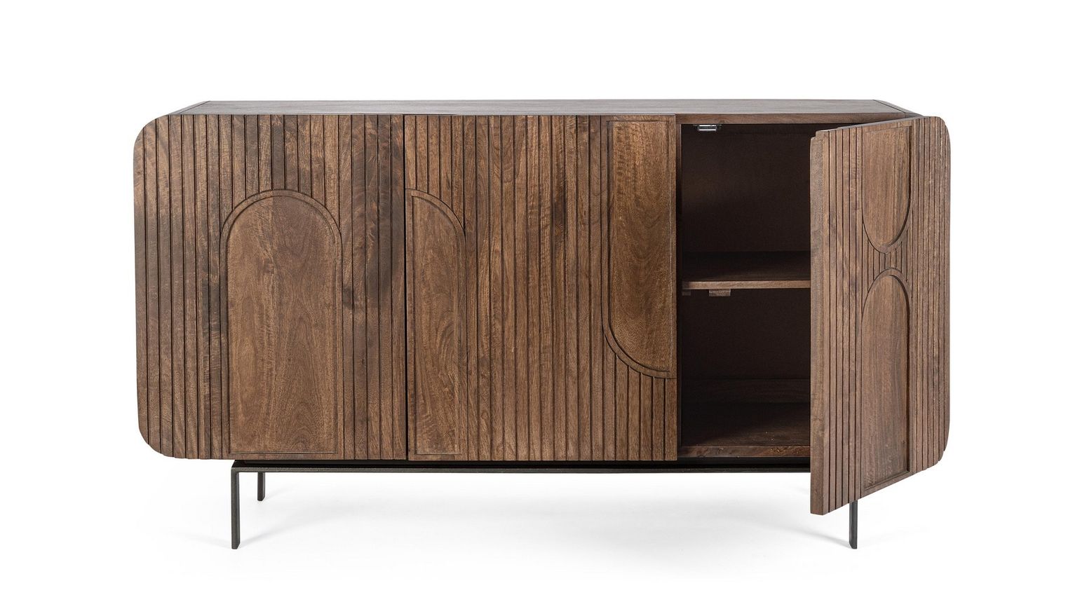 Sideboard Orissa 3-Türig Braun aus Mangoholz mit modernen gerillten Oberflächen