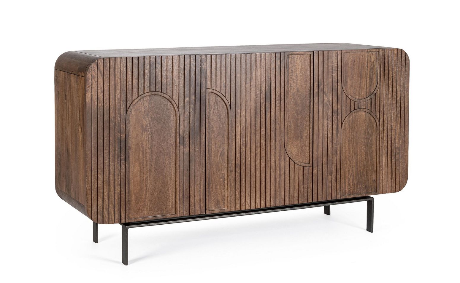Sideboard Orissa 3-Türig Braun aus Mangoholz mit modernen gerillten Oberflächen