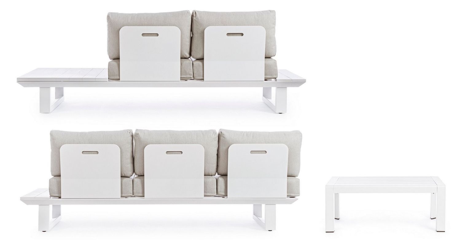 Sitzgruppe Konnor M-Kis Weiß von Bizzotto – moderne Outdoor-Lounge mit wetterfesten Kissen und weißem Aluminiumrahmen.