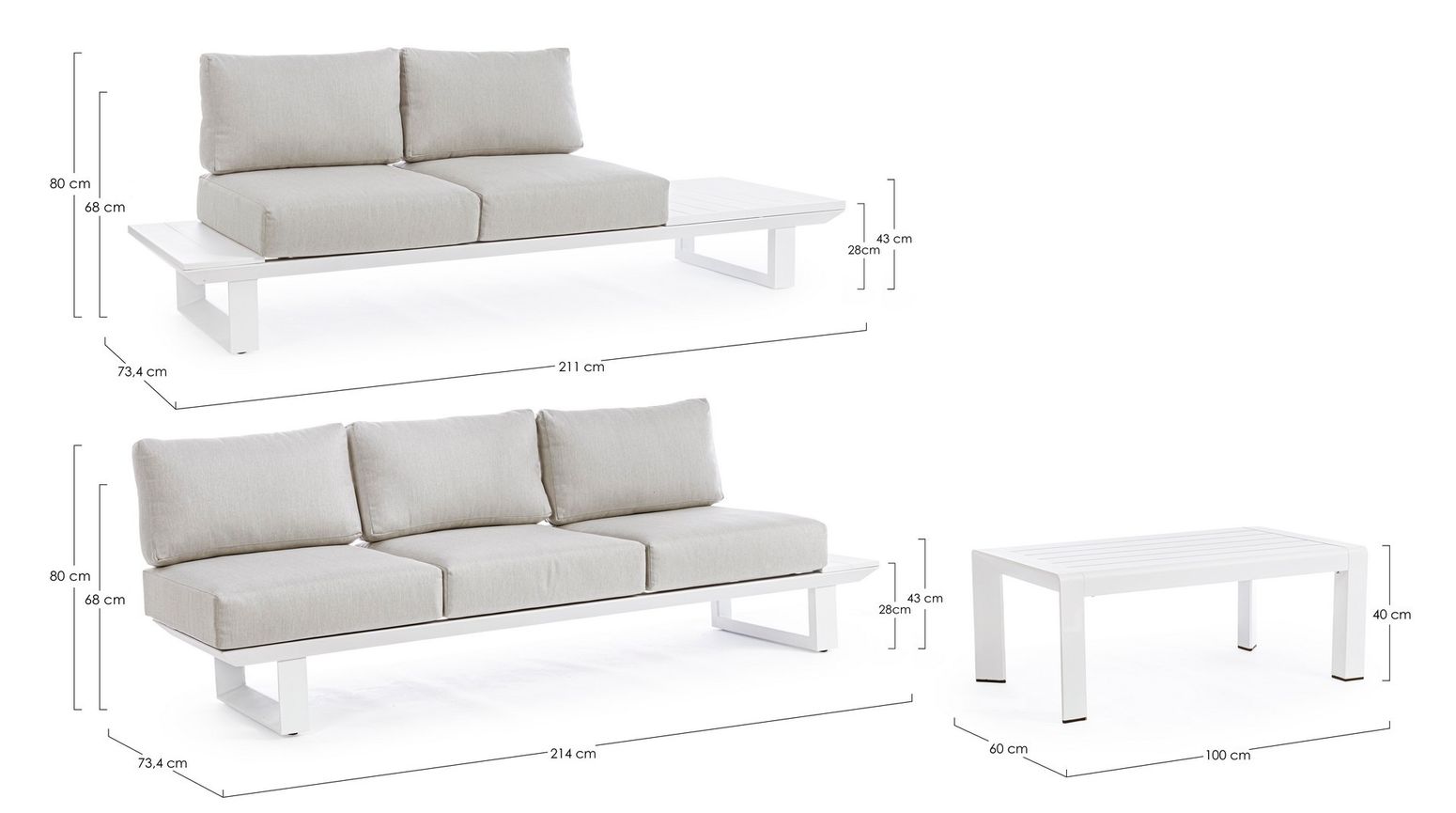 Sitzgruppe Konnor M-Kis Weiß von Bizzotto – moderne Outdoor-Lounge mit wetterfesten Kissen und weißem Aluminiumrahmen.