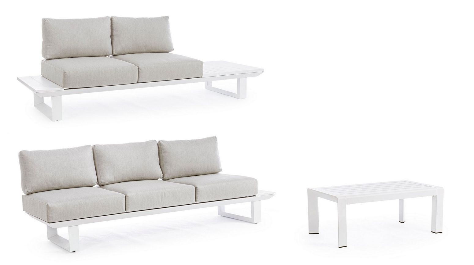 Sitzgruppe Konnor M-Kis Weiß von Bizzotto – moderne Outdoor-Lounge mit wetterfesten Kissen und weißem Aluminiumrahmen.