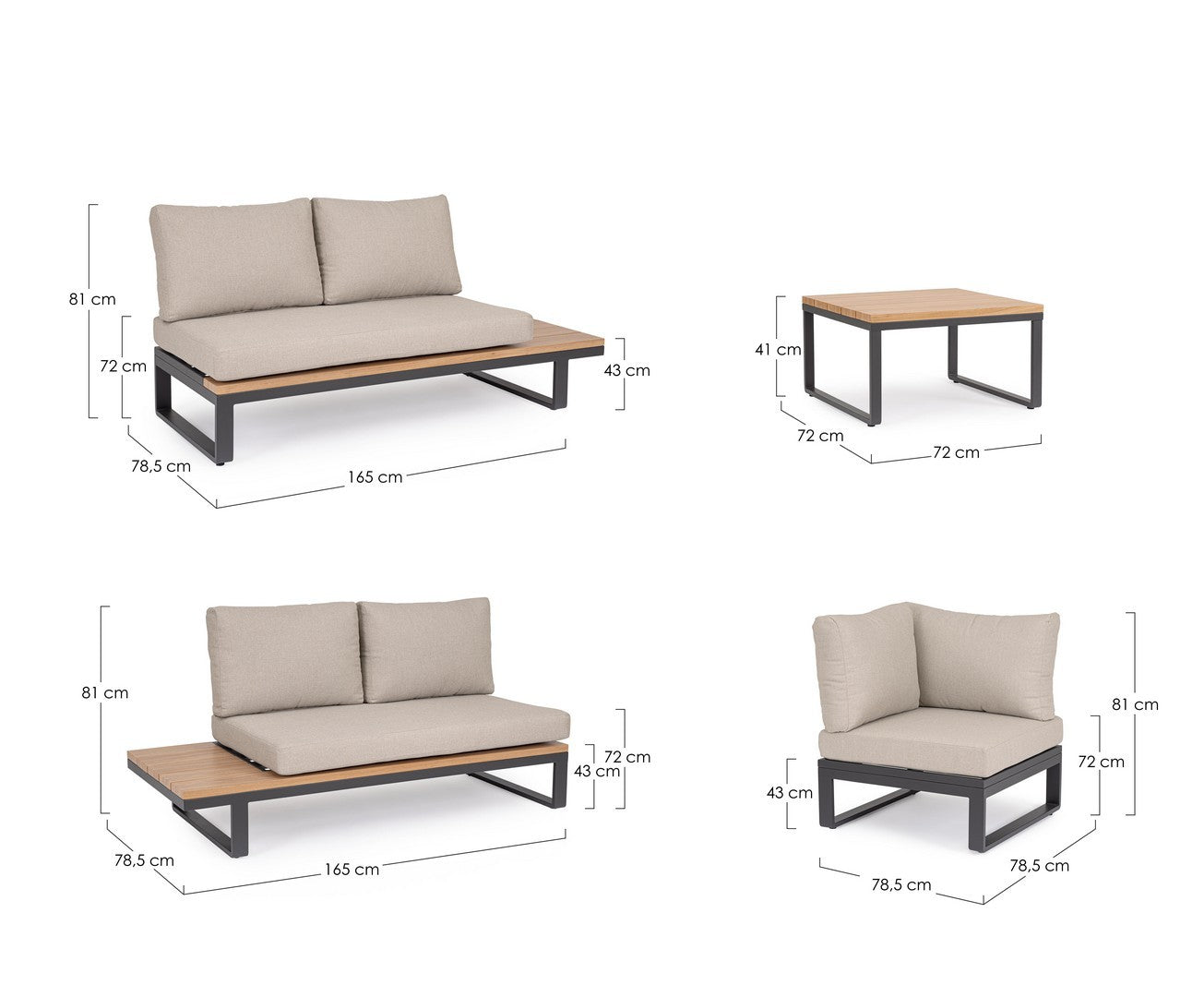 Sitzgruppe C-C Zelmar Anthrazit von Bizzotto – stilvolle Outdoor-Lounge mit Holzoptik-Elementen und wetterfesten Kissen.