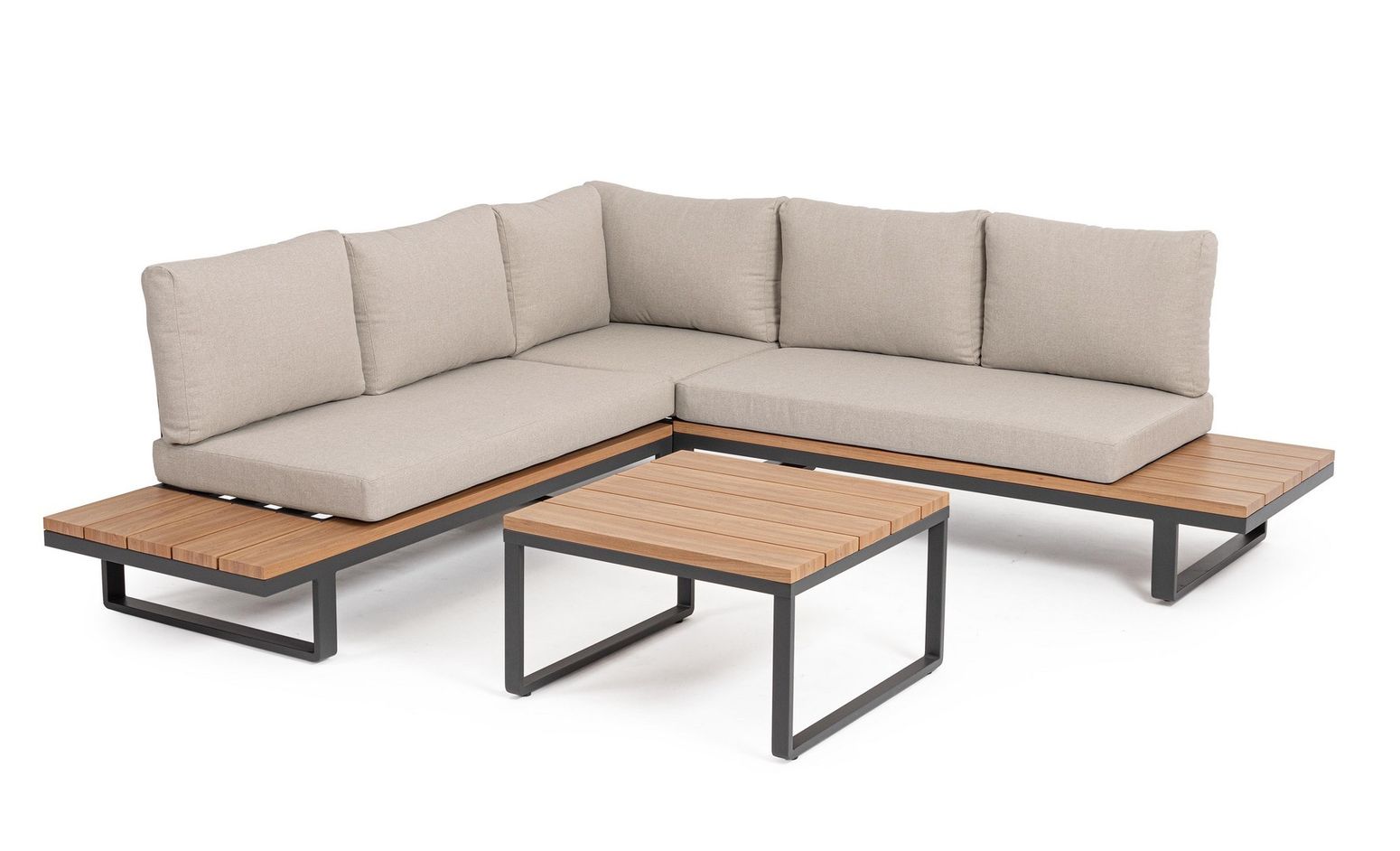 Sitzgruppe C-C Zelmar Anthrazit von Bizzotto – stilvolle Outdoor-Lounge mit Holzoptik-Elementen und wetterfesten Kissen.