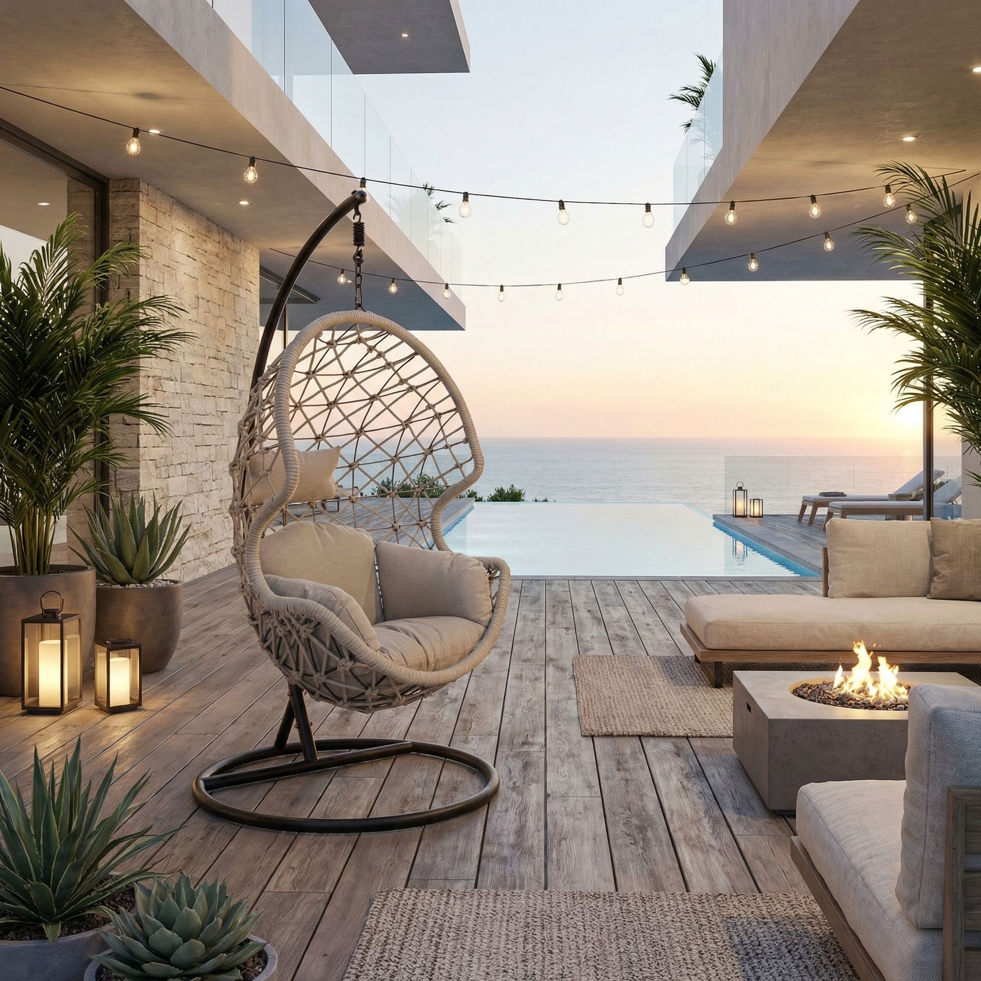 Hängesessel M-Kissen Kelly aus wetterfestem Seilgeflecht mit stabilem Stahlgestell und abnehmbaren Kissen in neutraler Farbe