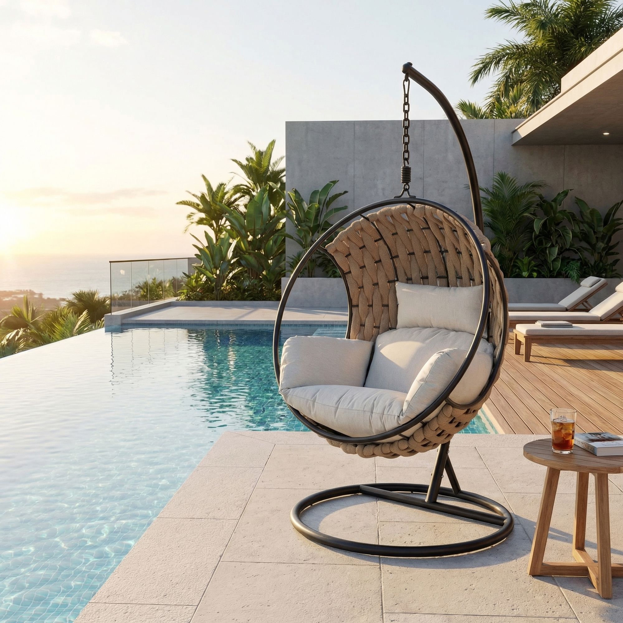 Hängesessel M-K Galapagos Sand mit wetterfestem Stahlgestell und komfortablen Polstern für den Outdoor-Bereich