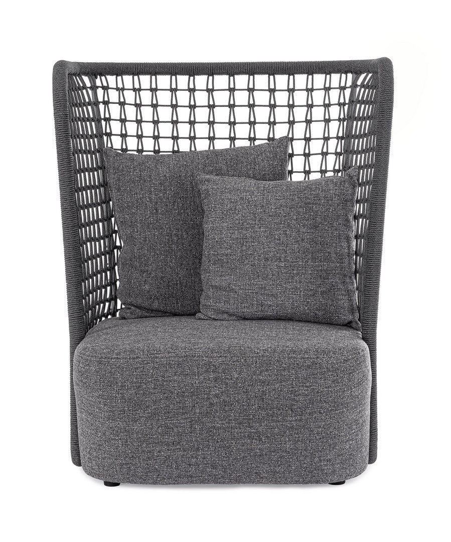 Outdoor Sessel M-K KOLLAR Anthrazit von Bizzotto mit Seilgeflecht und dunkelgrauem Polster