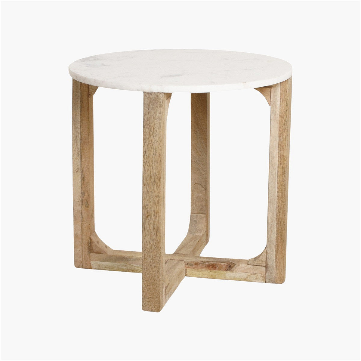 Runder Beistelltisch Heritage Marble aus weißem Marmor mit Holzgestell im Kreuzdesign – Designmöbel von STUFF Loft