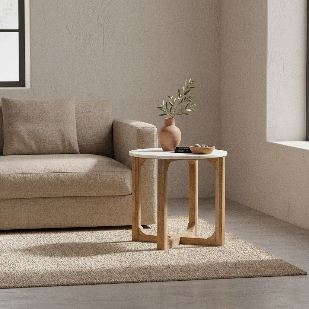 Runder Beistelltisch Heritage Marble aus weißem Marmor mit Holzgestell im Kreuzdesign – Designmöbel von STUFF Loft