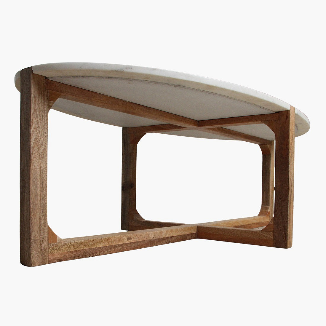 Ovaler Couchtisch Heritage Marble mit weißer Marmorplatte und Holzgestell im Kreuzdesign – STUFF Loft Designmöbel