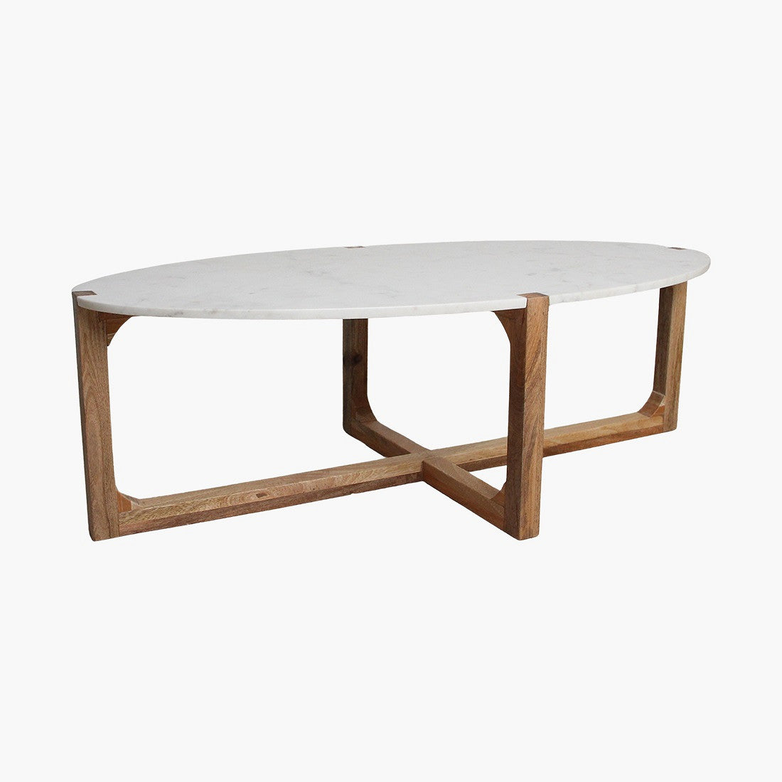 Ovaler Couchtisch Heritage Marble mit weißer Marmorplatte und Holzgestell im Kreuzdesign – STUFF Loft Designmöbel
