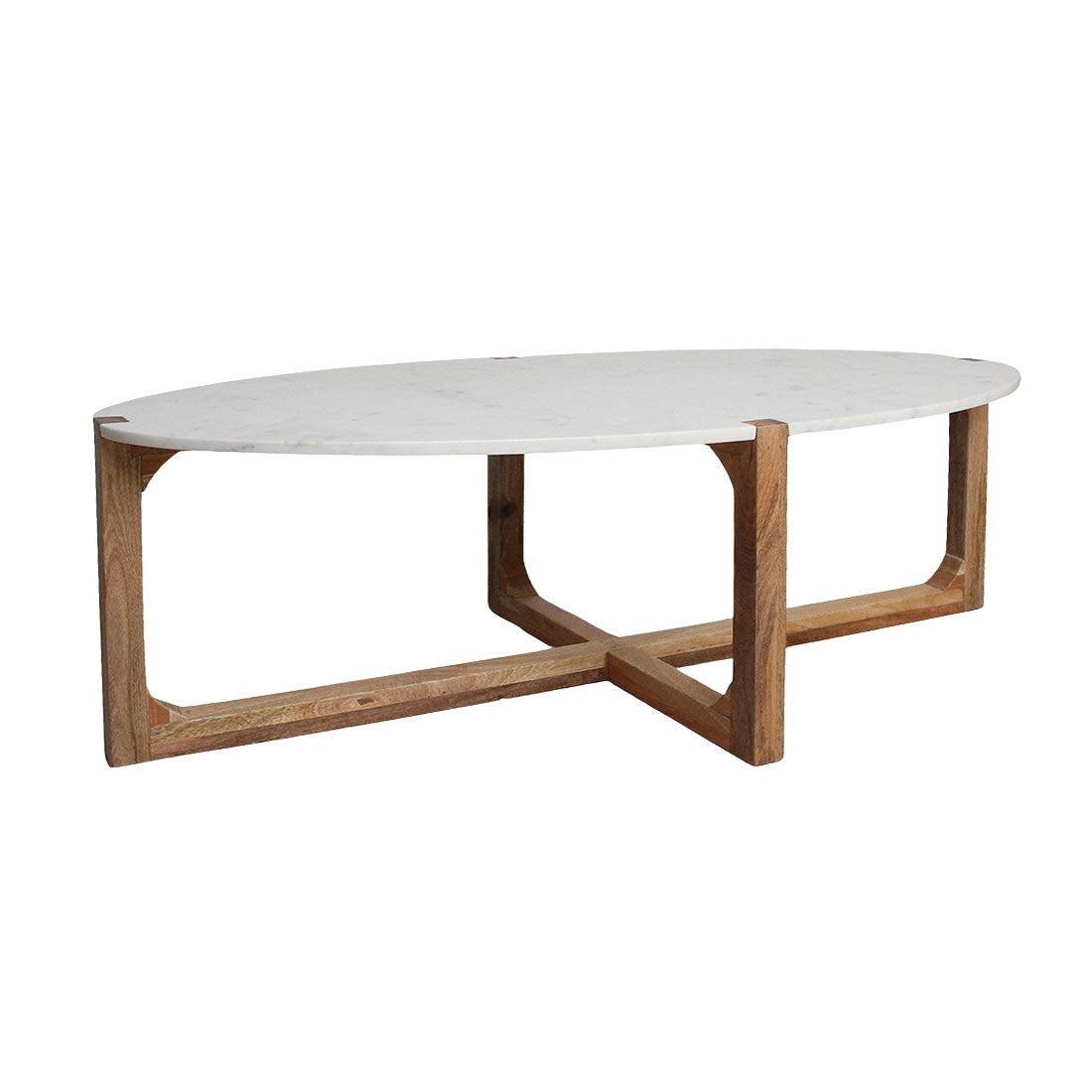 Ovaler Couchtisch Heritage Marble mit weißer Marmorplatte und Holzgestell im Kreuzdesign | STUFF Loft Designmöbel