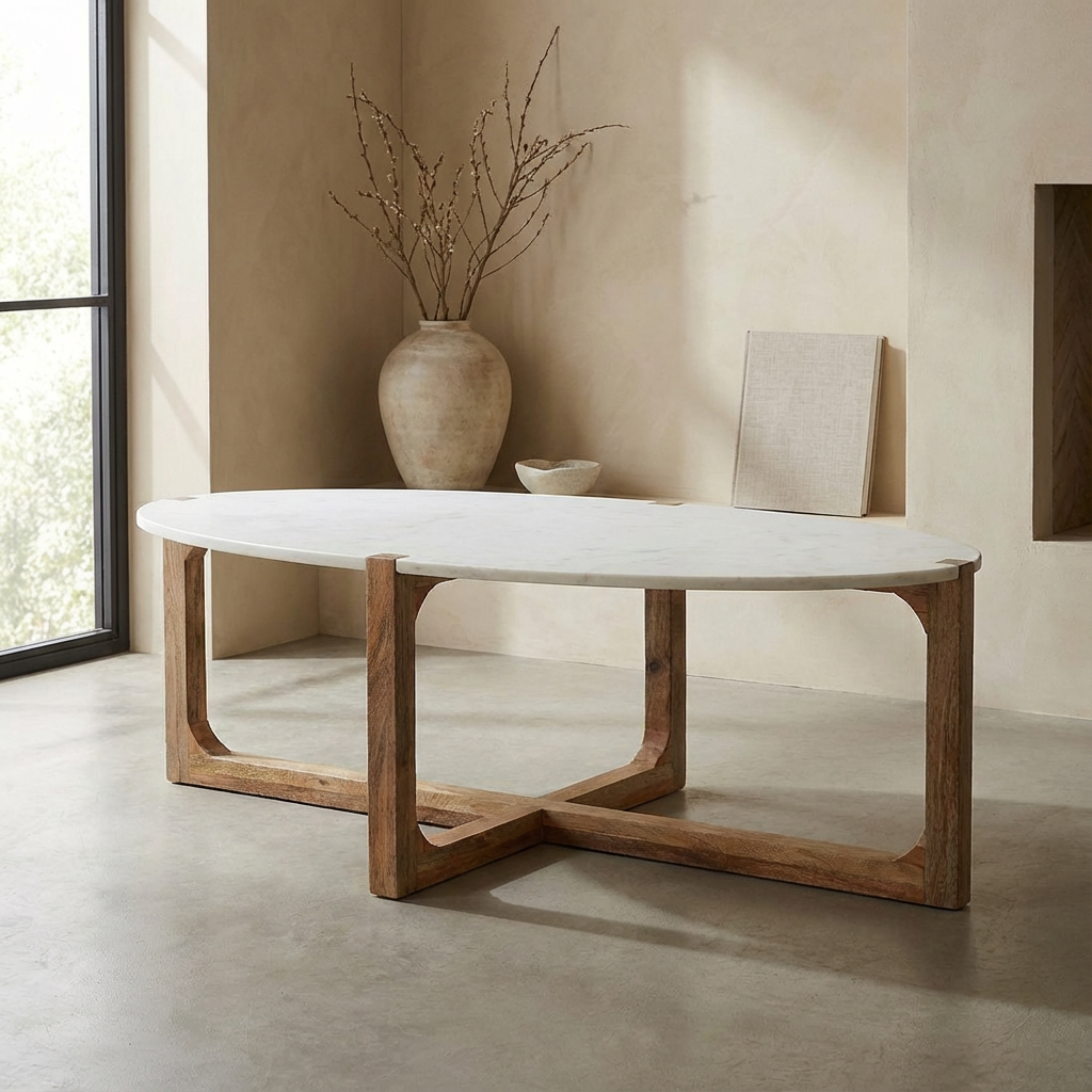 Ovaler Couchtisch Heritage Marble mit weißer Marmorplatte und Holzgestell im Kreuzdesign | STUFF Loft Designmöbel