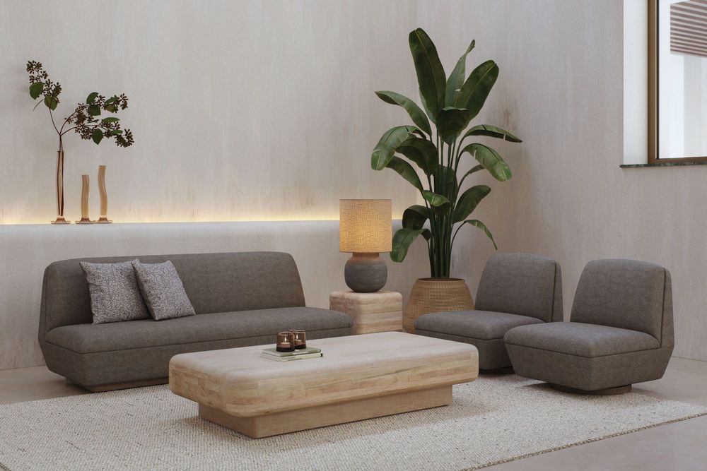 Gommaire Deko Kissen Set Moss & Stone auf Sofa in natürlichem Wohnambiente