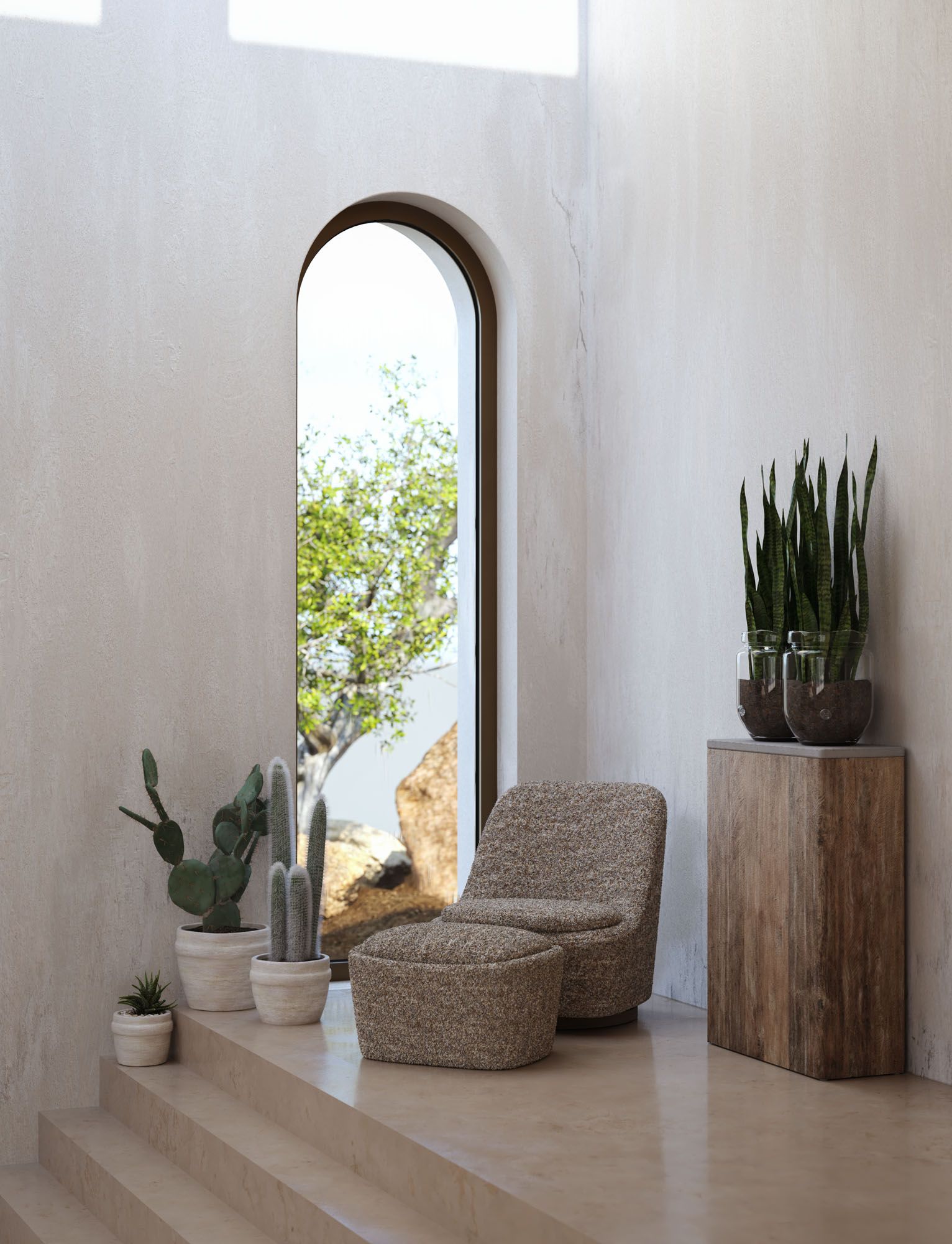 Rechteckige Zeno Konsole mit Lavasteinplatte und dekorativen Vasen