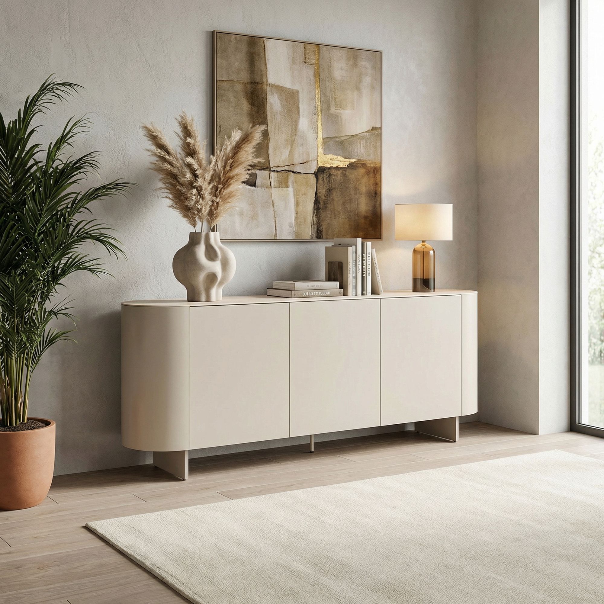 Helles Sideboard Ardis mit drei Türen, schräge Frontansicht | Bizzotto bei STUFF Shop kaufen