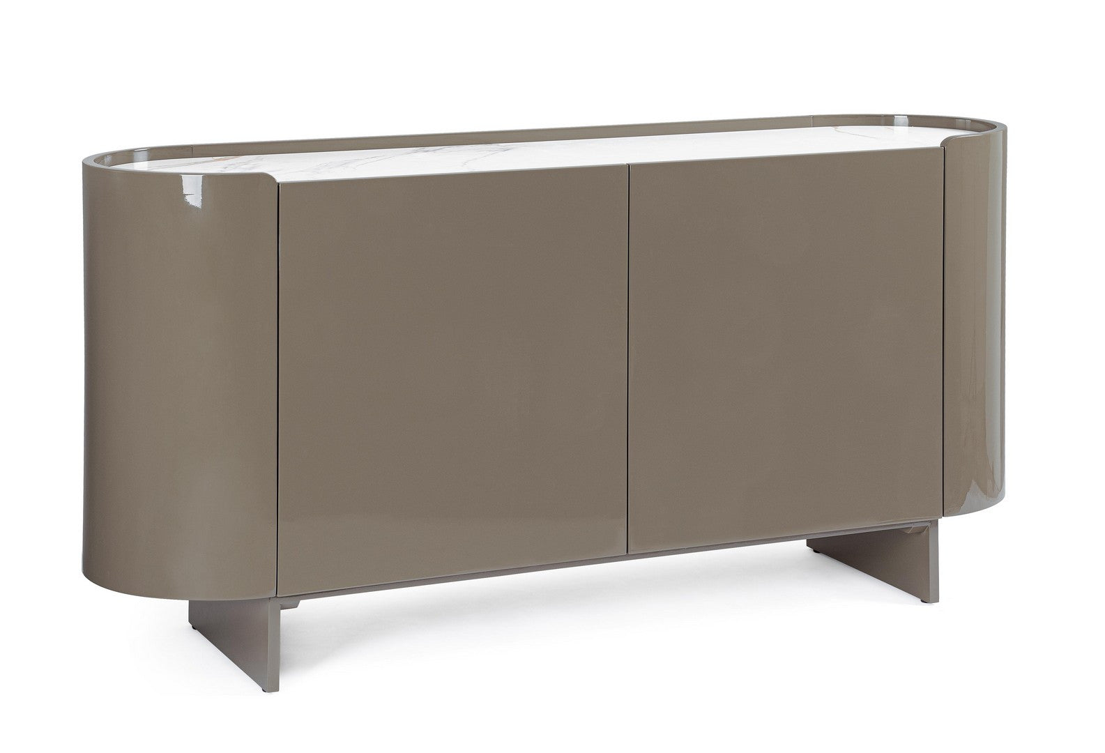 Modernes Sideboard Otilia Herb mit abgerundeten Ecken und Metallgestell, schräge Frontansicht.