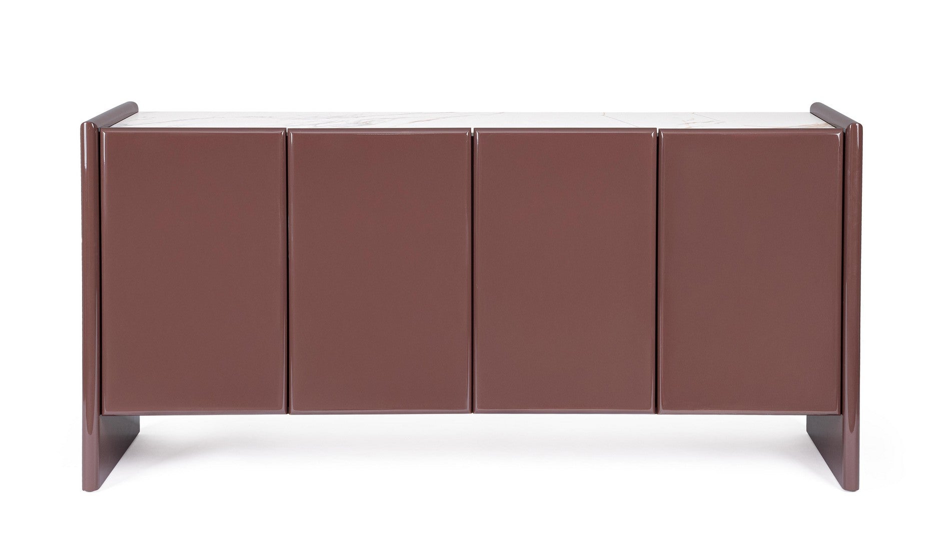 Frontansicht des Sideboards Otilia in Braun mit vier Türen und Stahlgestell.