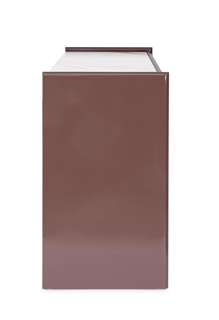 Seitenansicht des Sideboards Otilia Braun mit glatter Oberfläche.