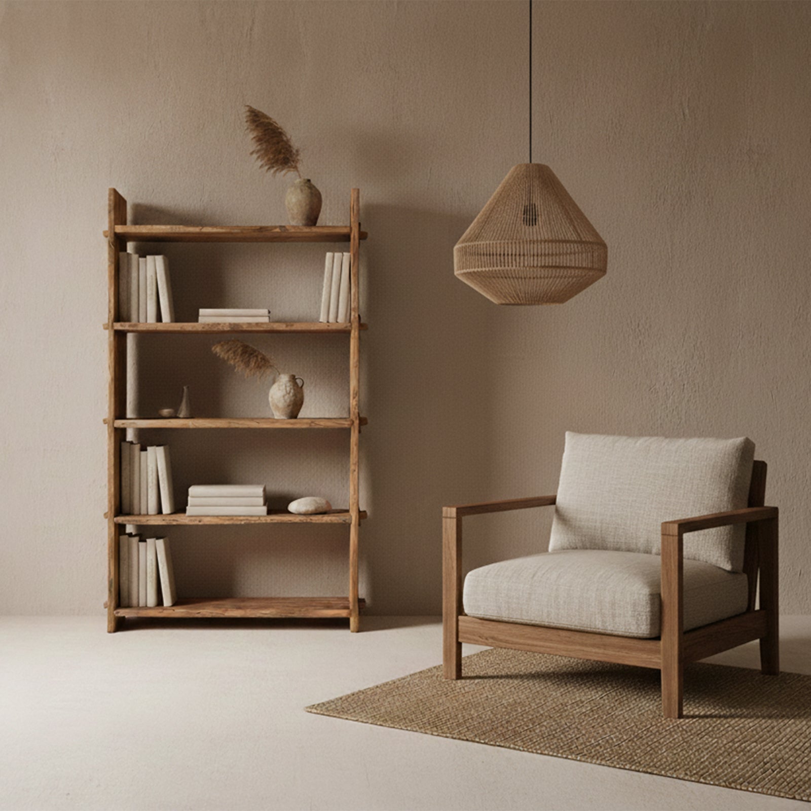 Komplette Ansicht des handgefertigten Regals aus recyceltem Altholz