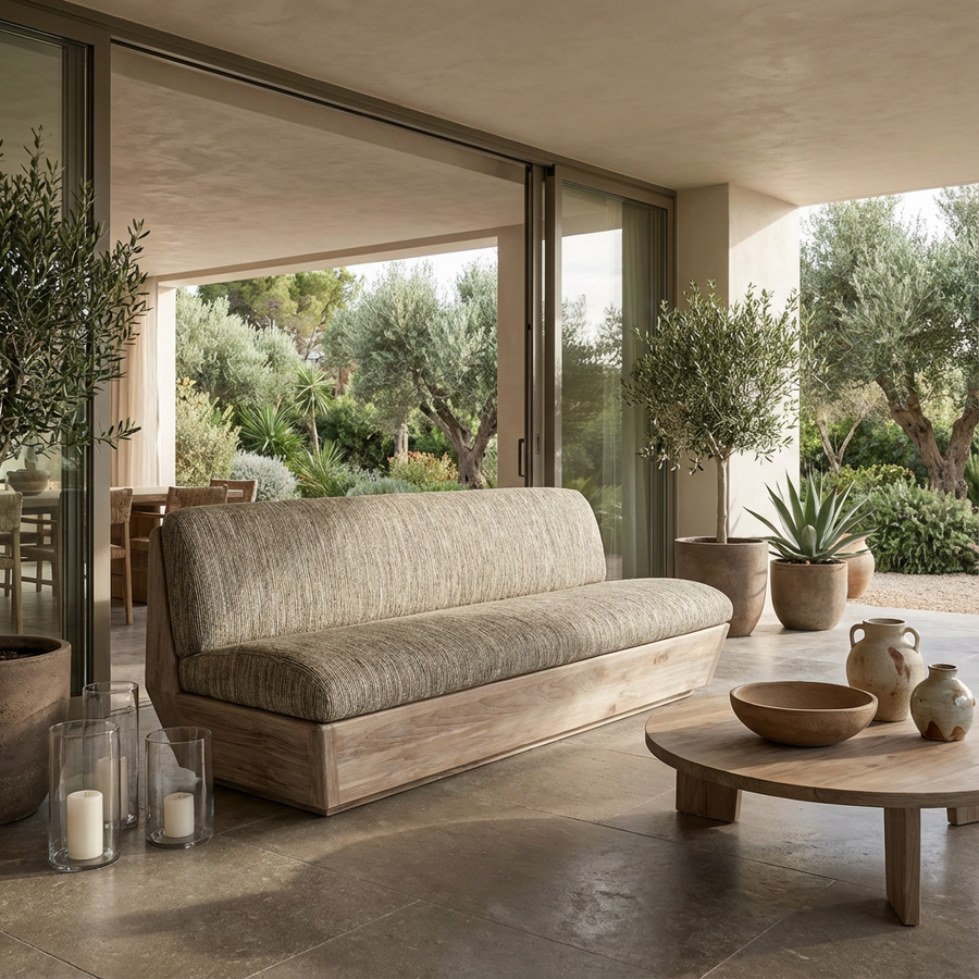 Outdoor-Sofa Jules aus Teakholz Natural Grey mit Polstern in Knelout, Knelout Deluxe, Ktextout oder Ktextout Deluxe | Gommaire Outdoor Kollektion bei STUFF Shop