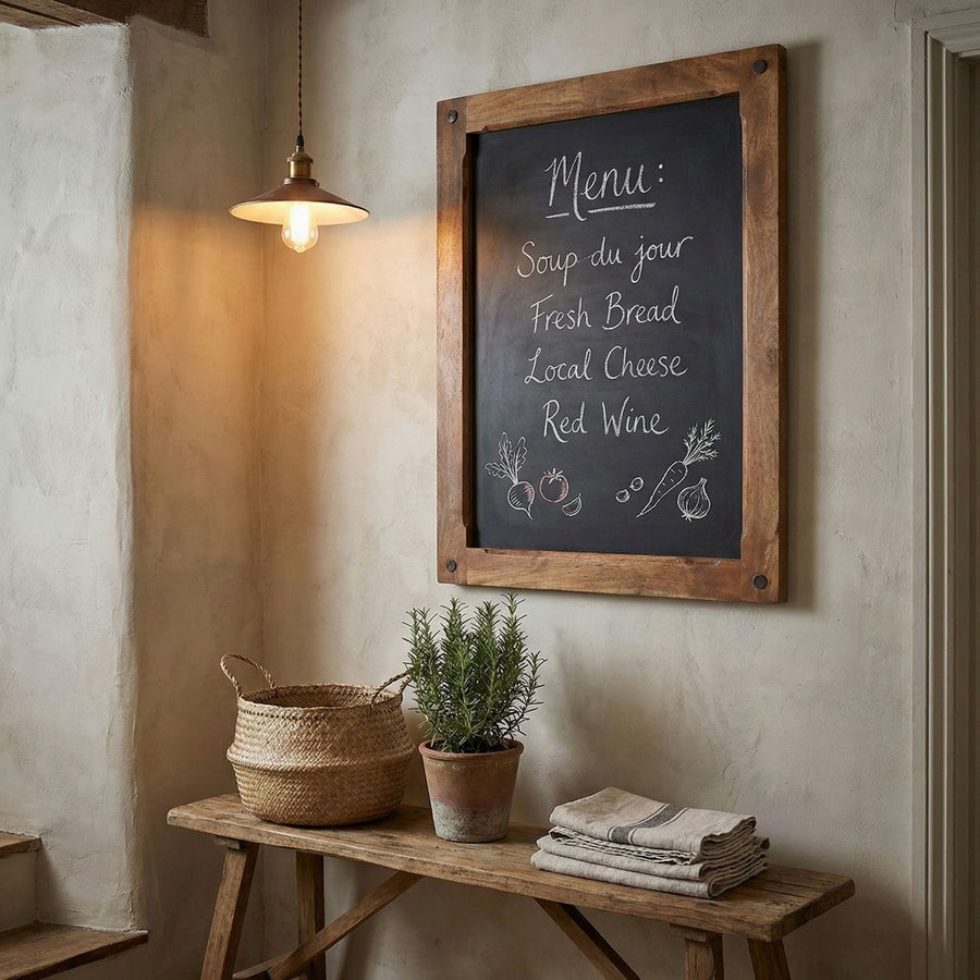 Tafel Heritage Mango aus Mangoholz mit schwarzer Schreibfläche und handgefertigtem Holzrahmen