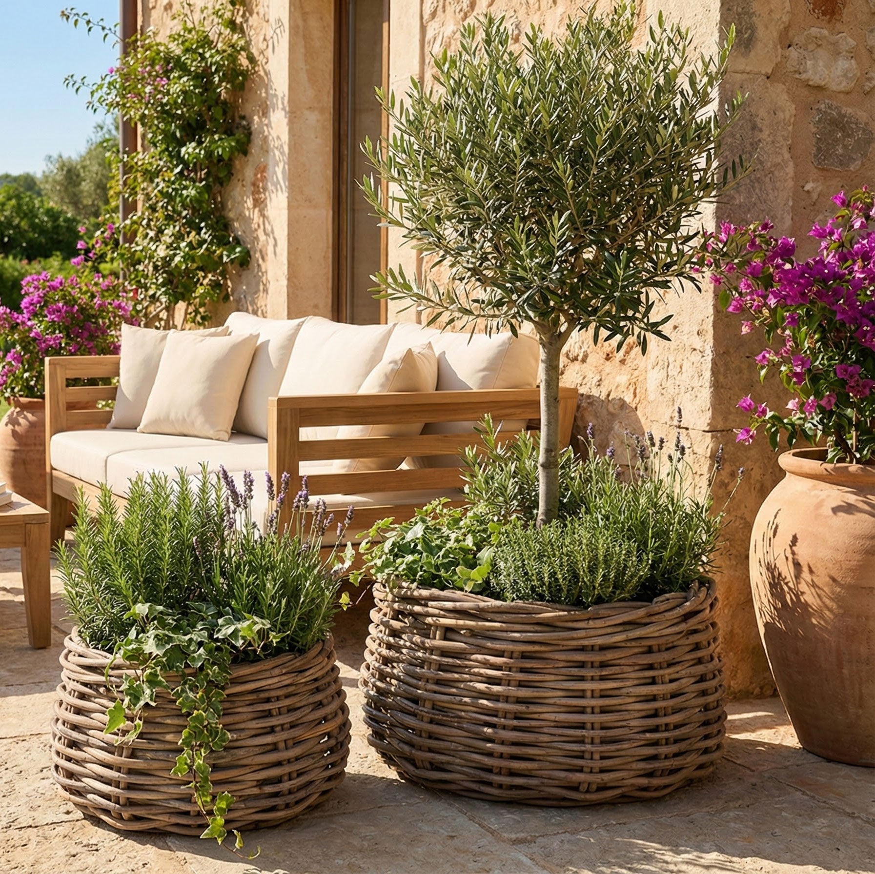 Gommaire Pflanzkorb Eric Low aus Rattan als Set aus zwei Körben für Outdoor auf einer Terasse | Gommaire bei STUFF Shop kaufen