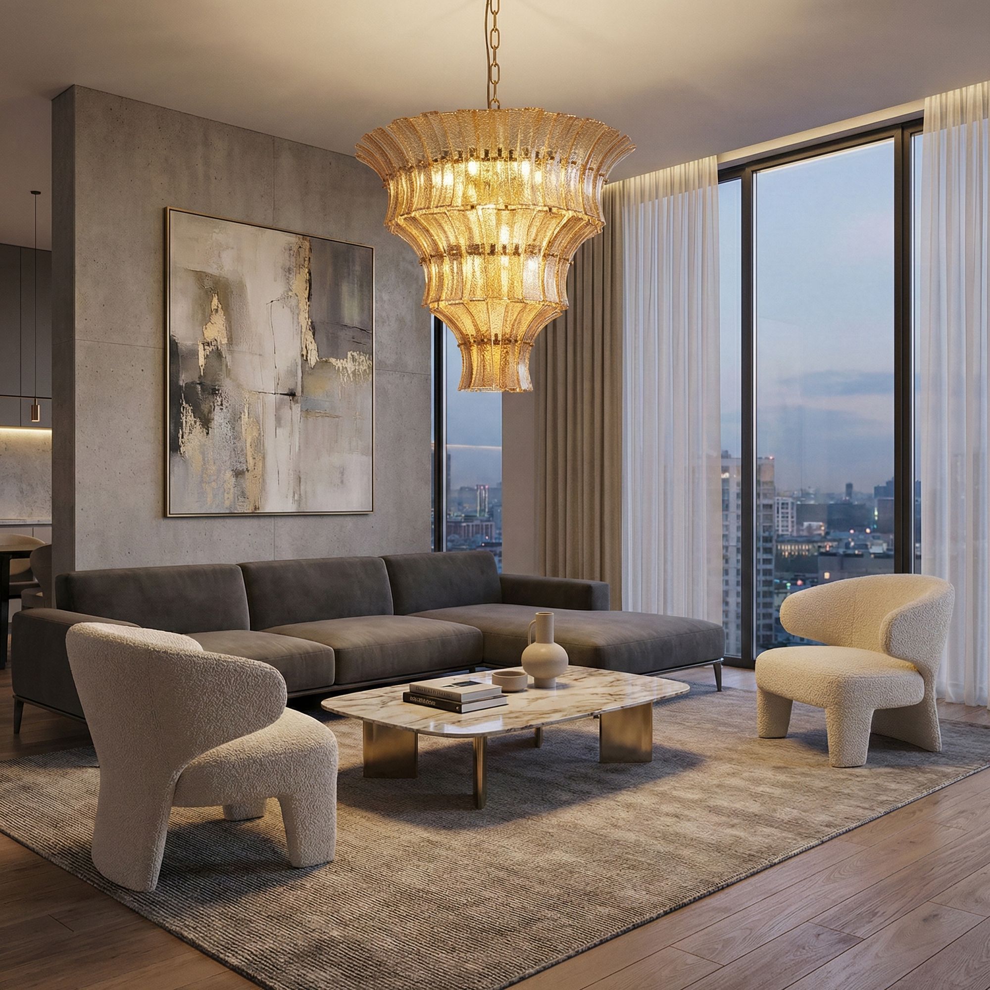 Ambienteansicht Strukturglas der Dalai Hängeleuchte in Amber | PTMD bei STUFF Shop kaufen