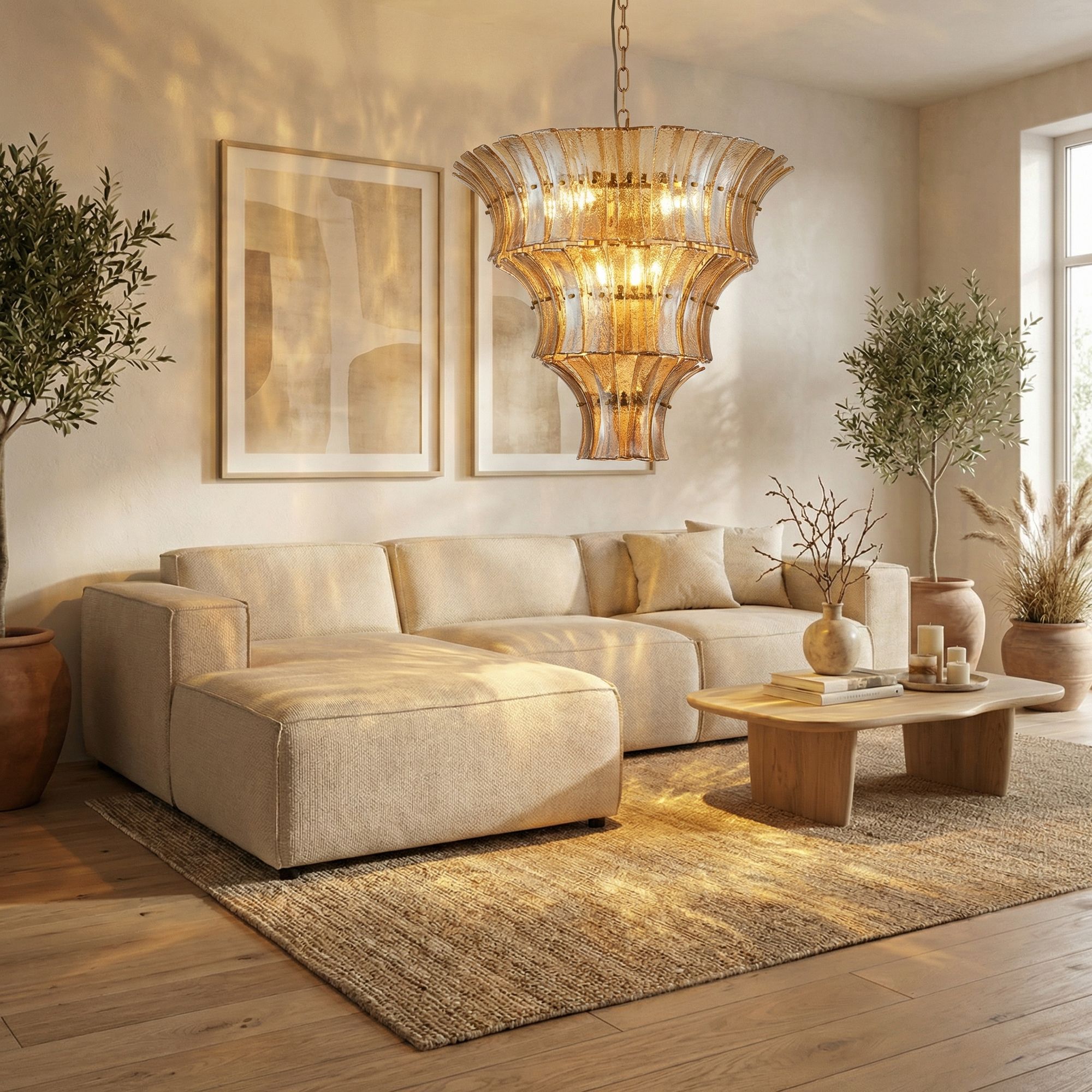 Ambienteansicht Strukturglas der Dalai Hängeleuchte in Amber | PTMD bei STUFF Shop kaufen