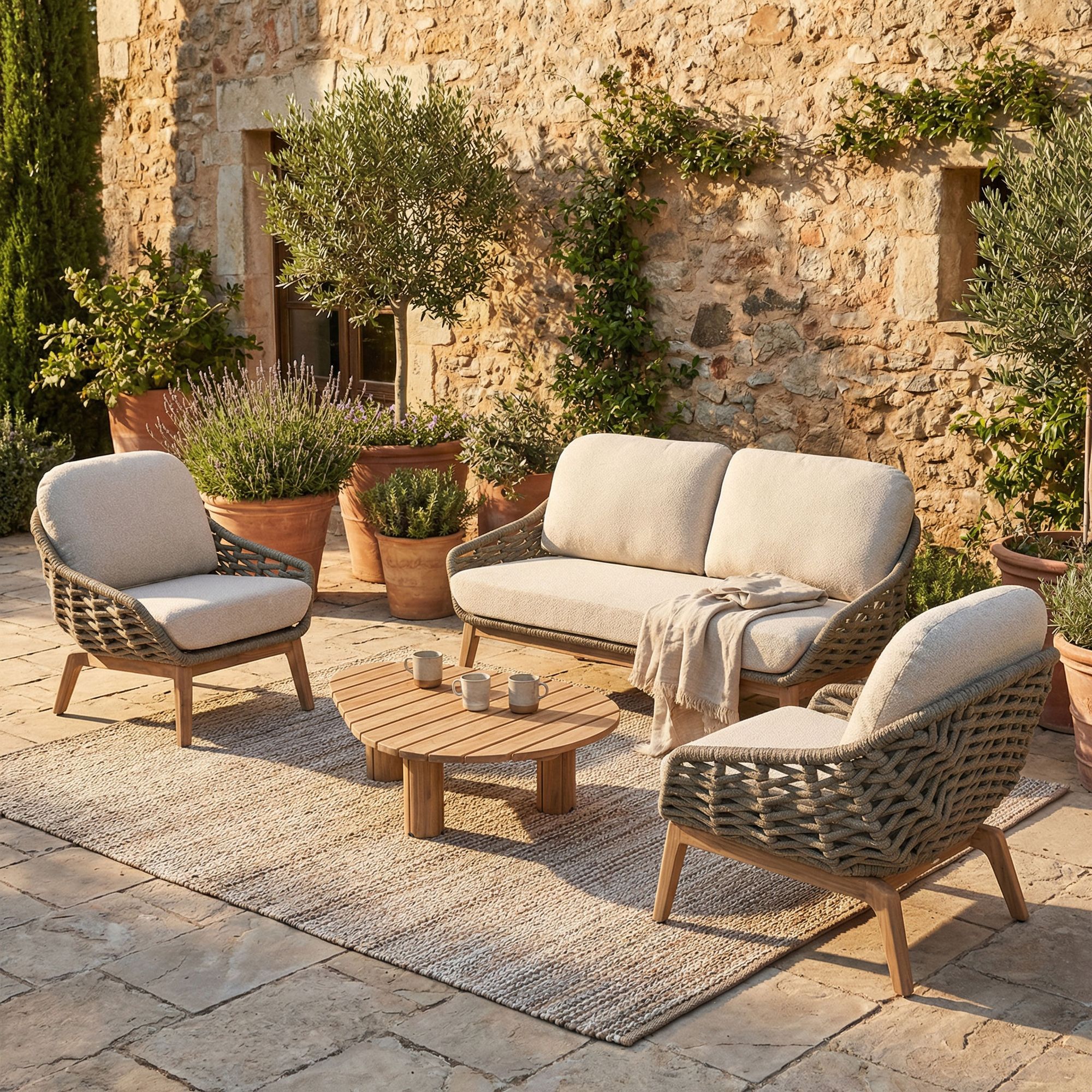 Outdoor Sofa Tamires Bouclé mit Seilgeflecht und Teakholzbeinen + Sesel Tamires Bouclé | Bizzotto Outdoor Möbel bei STUFF Shop kaufen