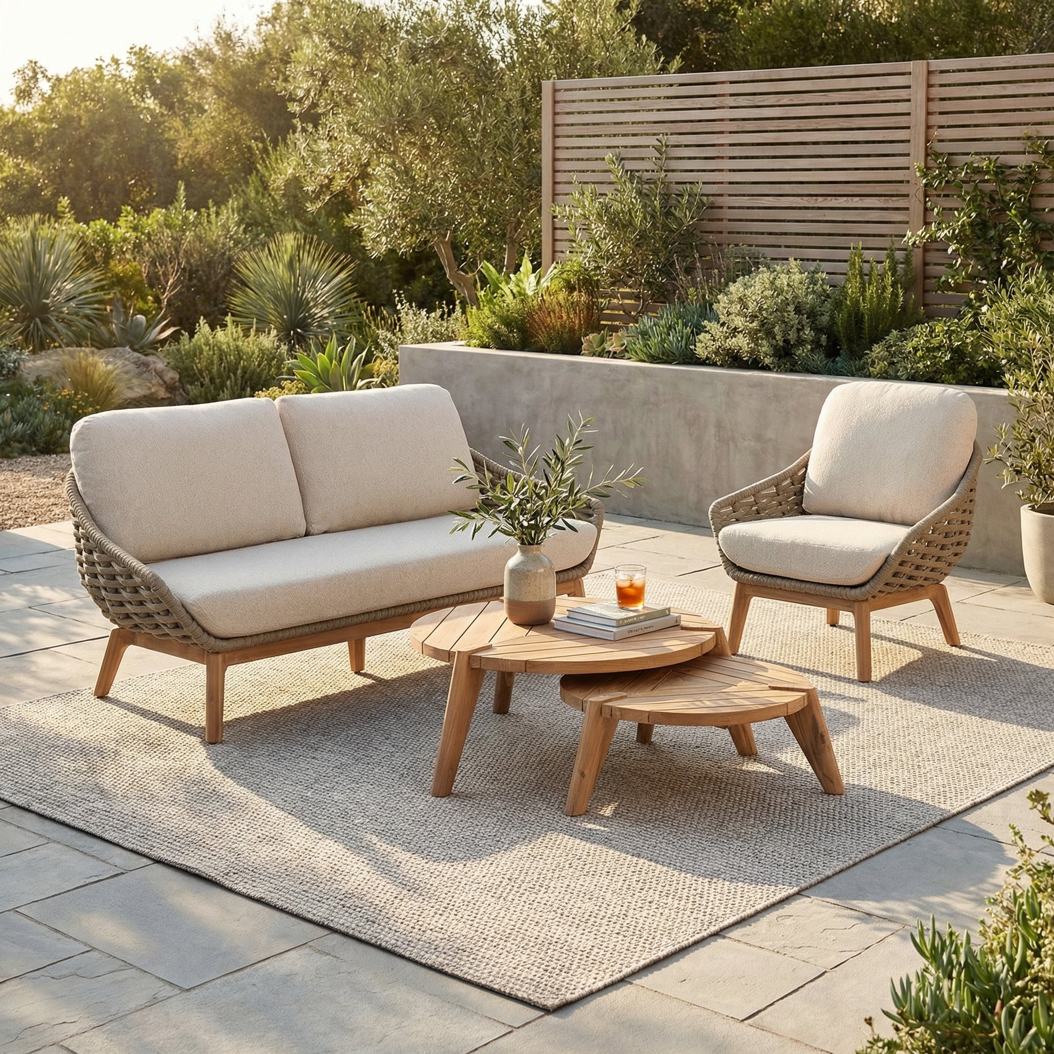 Outdoor Sofa Tamires Bouclé mit Seilgeflecht und Teakholzbeinen + Sesel Tamires Bouclé | Bizzotto Outdoor Möbel bei STUFF Shop kaufen