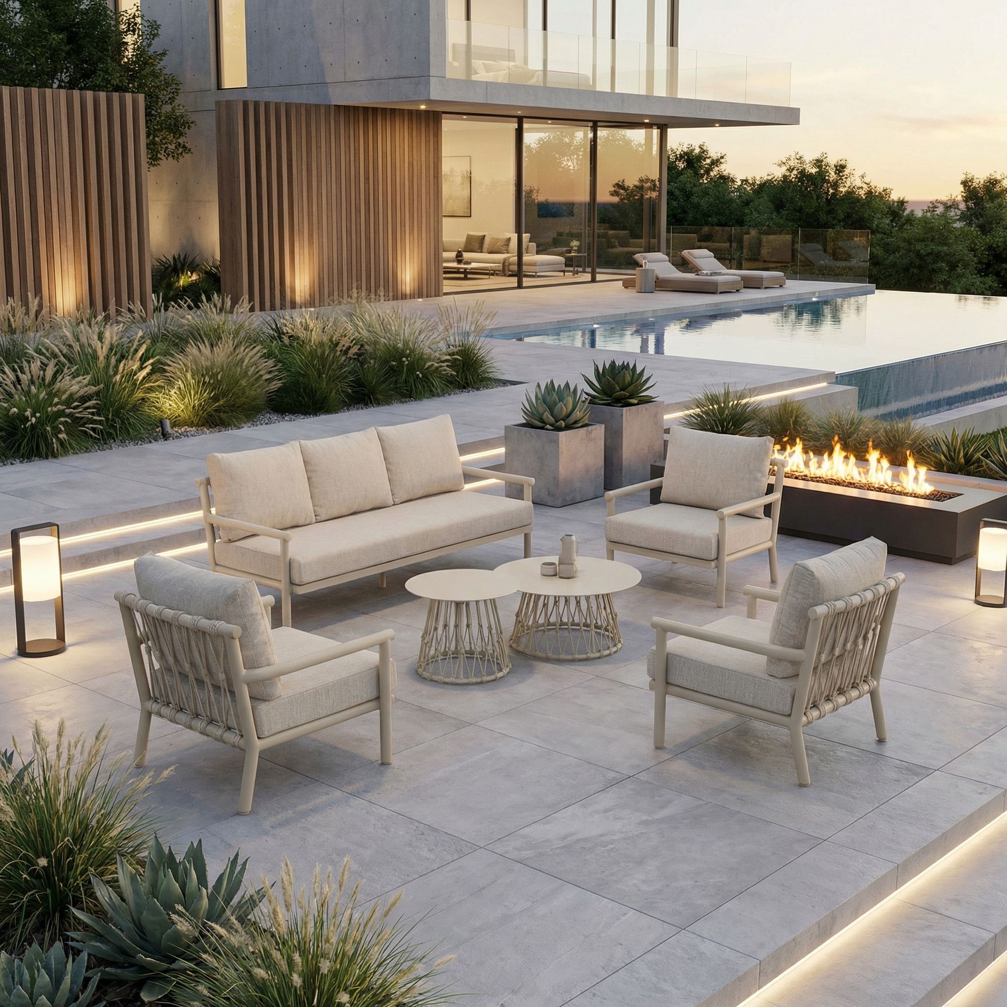 Outdoor Sitzgruppe Lanai Camel Sand mit Sofa, Sesseln und Couchtischen | Bizzotto bei STUFF Shop kaufen