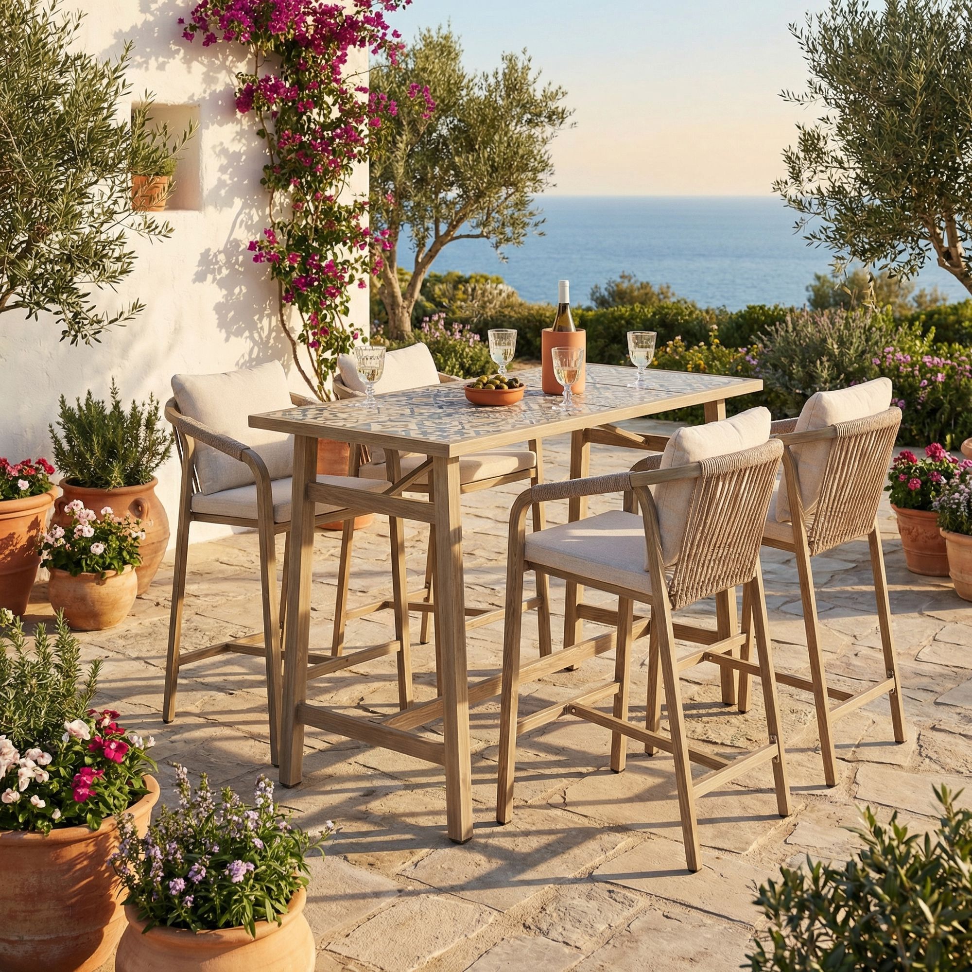 Outdoor-Bartisch Kalimera Timber mit 4 Barhockern aus Aluminium | Bizzotto bei STUFF Shop kaufen