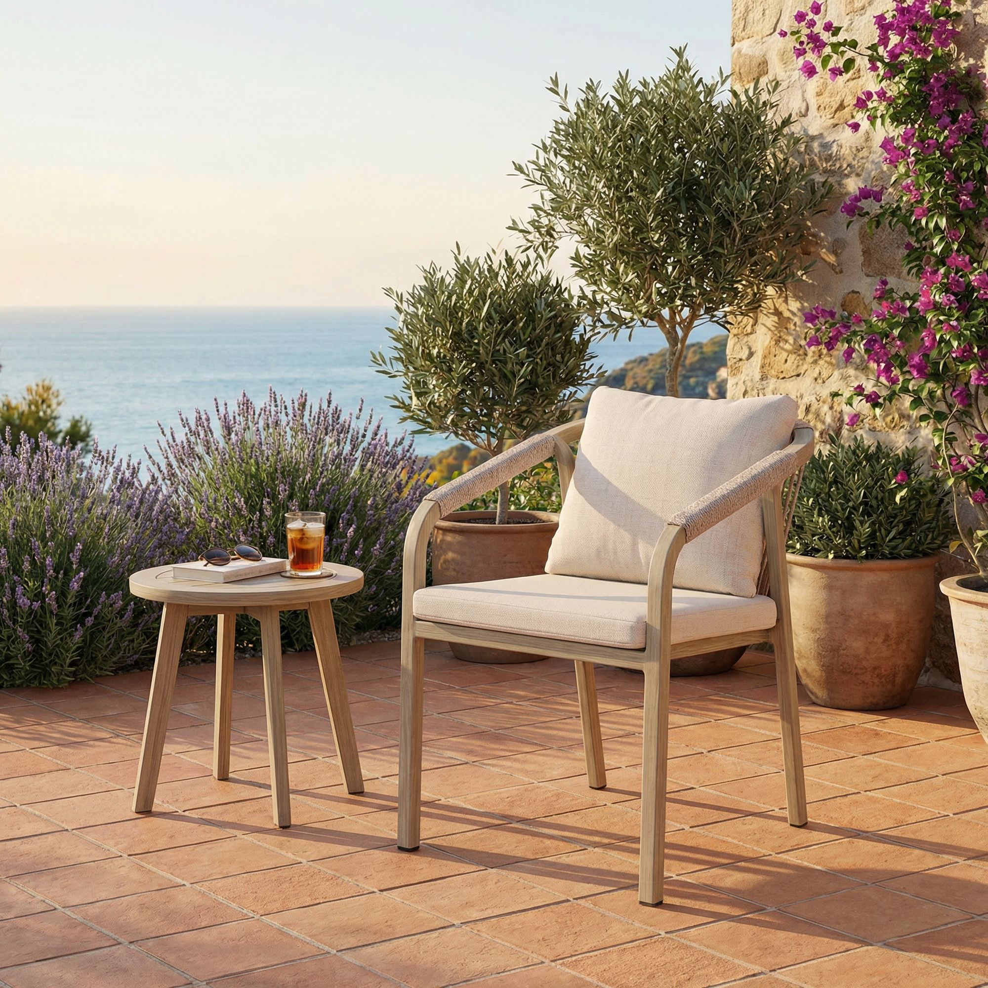 Outdoor-Stuhl Kalimera Timber aus Aluminium mit Armlehne und Kissen | Bizzotto bei STUFF Shop kaufen