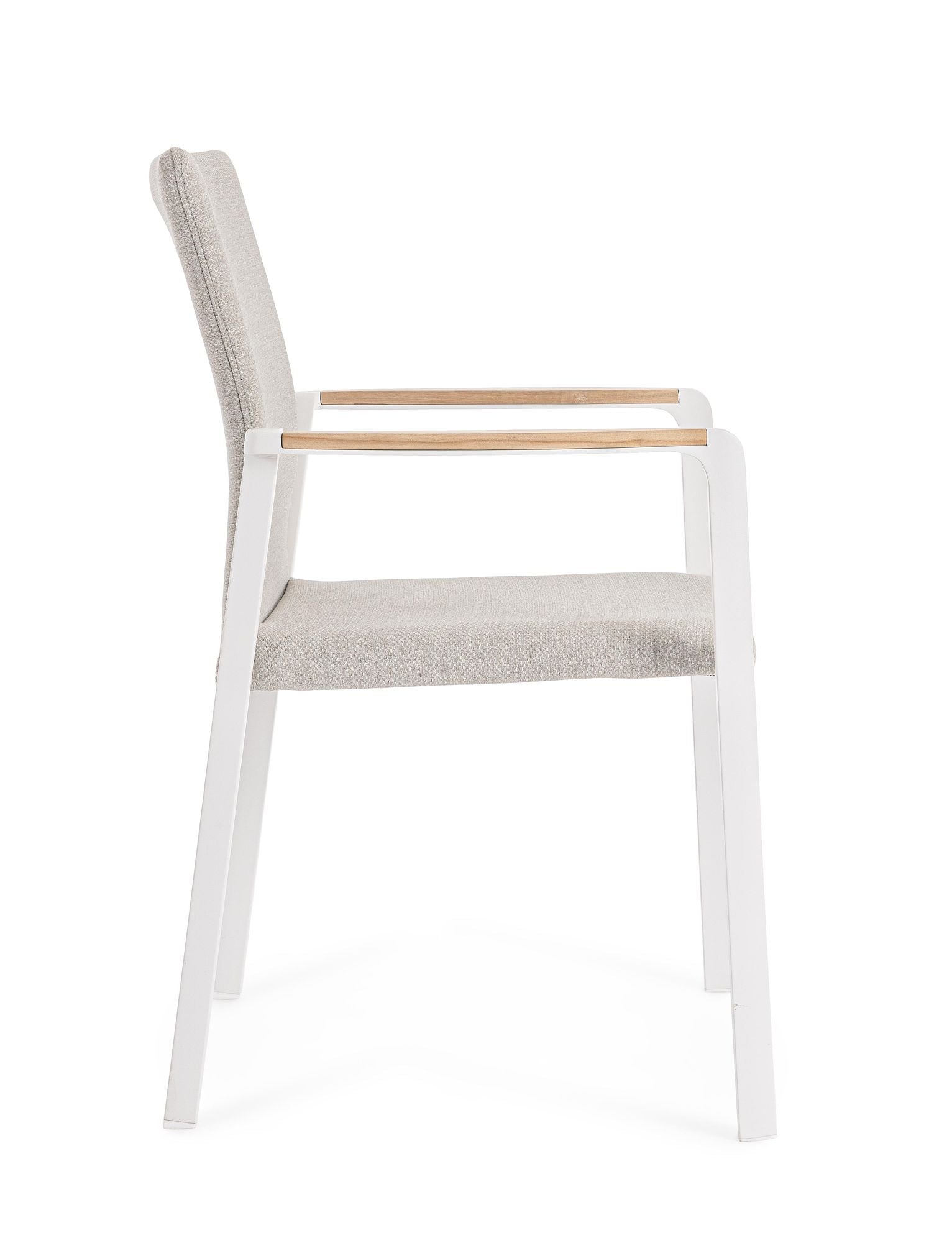 Outdoor Stuhl Jalisko New Weiss mit Armlehne und Teak Details | Moderner Gartenstuhl bei STUFF Shop