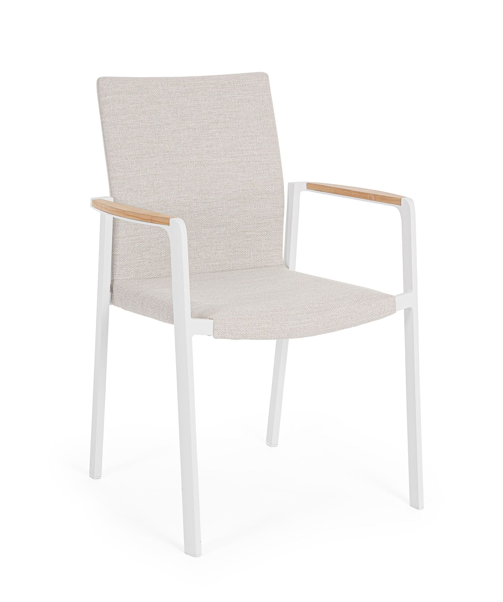 Outdoor Stuhl Jalisko New Weiss mit Armlehne und Teak Details | Moderner Gartenstuhl bei STUFF Shop