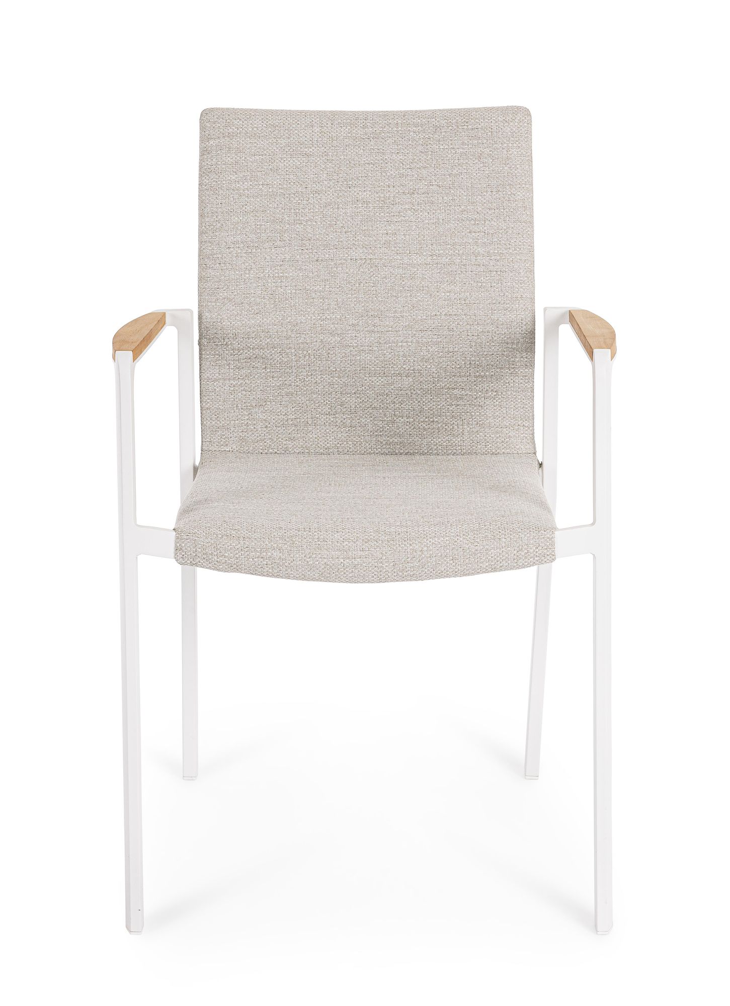 Outdoor Stuhl Jalisko New Weiss mit Armlehne und Teak Details | Moderner Gartenstuhl bei STUFF Shop