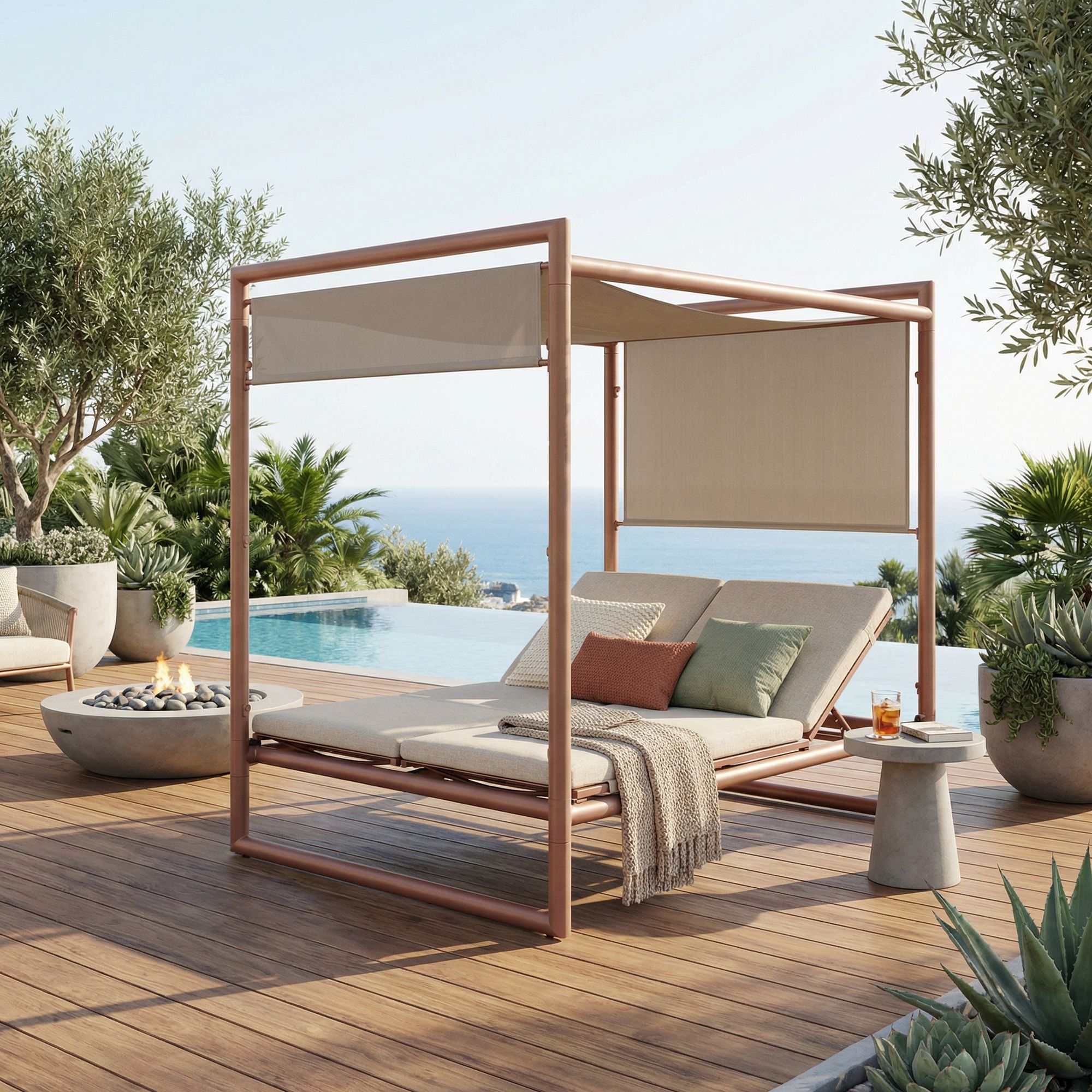 Alt-Text Outdoor Daybed Konnor Barin mit Pergola und verstellbarer Rückenlehne | Luxus Lounge für Garten und Terrasse