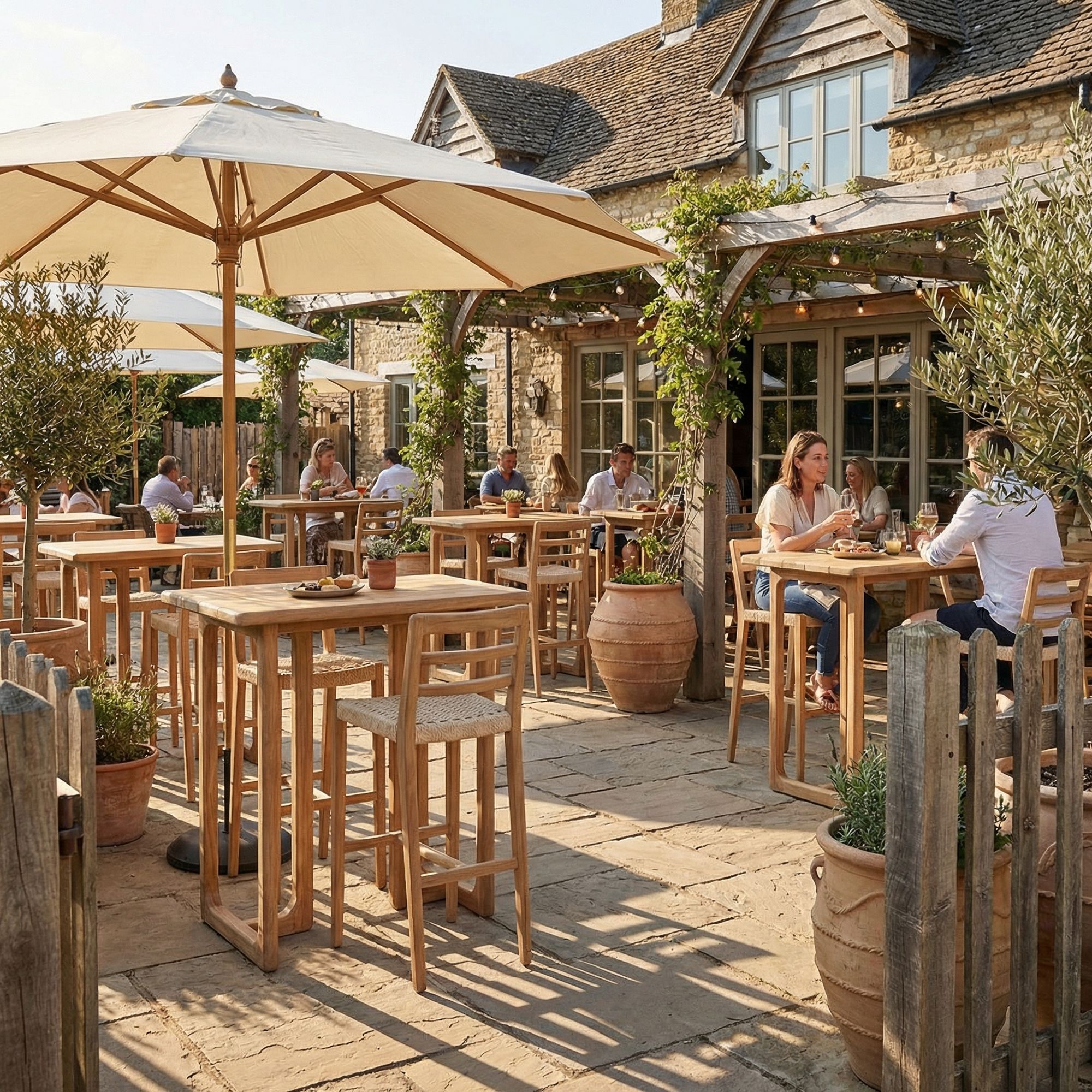Outdoor Bartisch Teakscape Frame aus massivem Teakholz mit Frame-Untergestell auf einer Gastronomie Terrasse | STUFF Loft