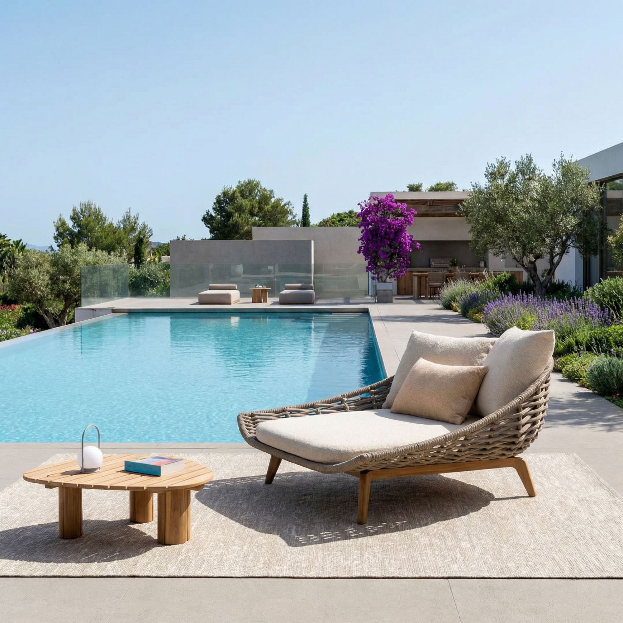 Outdoor Sonnenliege Tamires Bouclé mit geflochtener Struktur und Teakholz Füßen | Bizzotto bei STUFF Shop kaufen