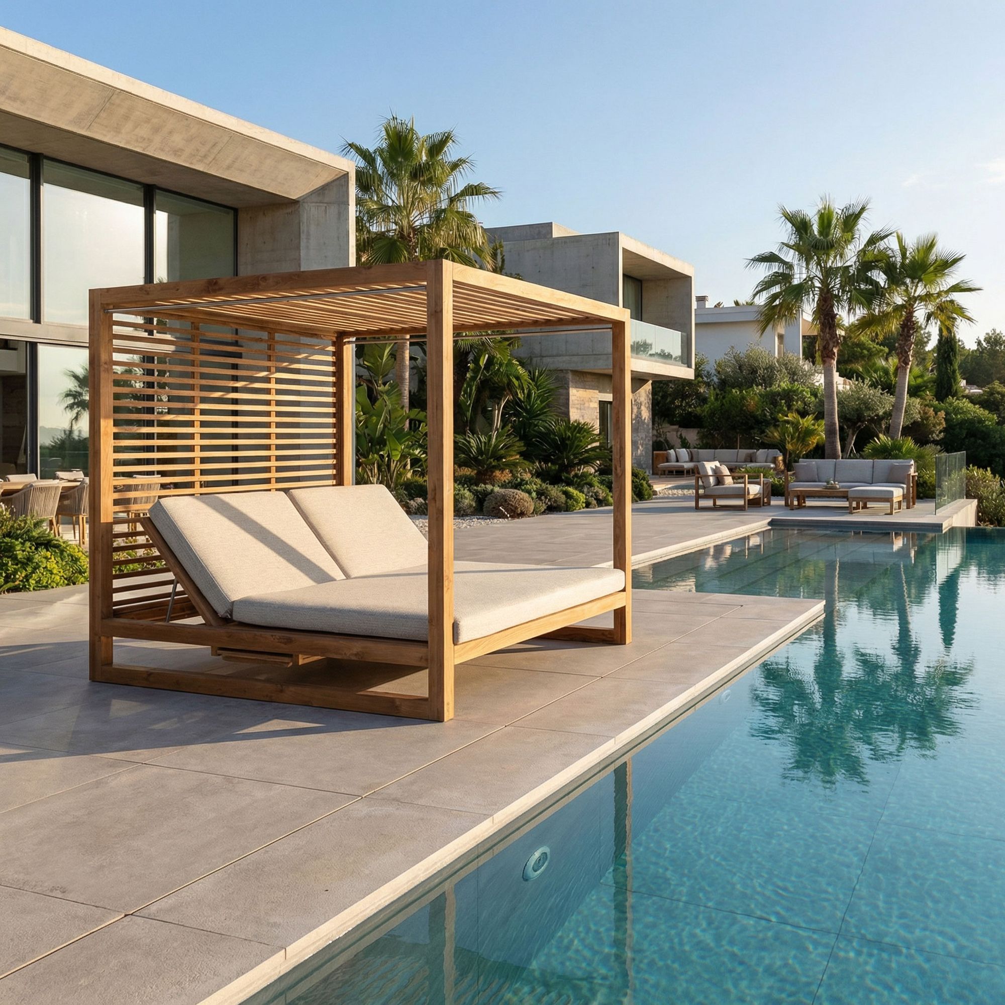 Luxuriöser Daybed Pavillon Honolulu aus FSC Teakholz mit verstellbaren Rückenlehnen | Bizzotto bei STUFF Shop kaufen