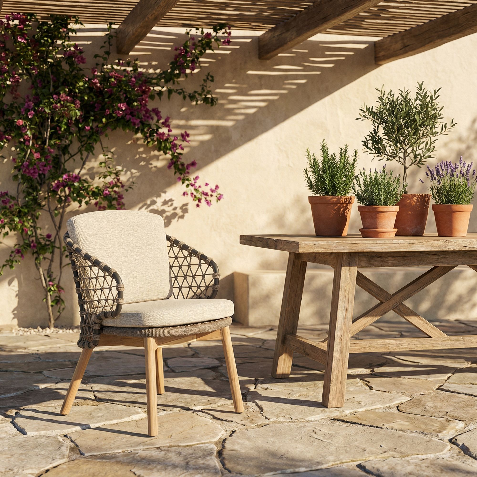 Outdoor Stuhl Eularia aus Teakholz mit Armlehnen und Kissen | Bizzotto bei STUFF Shop kaufen