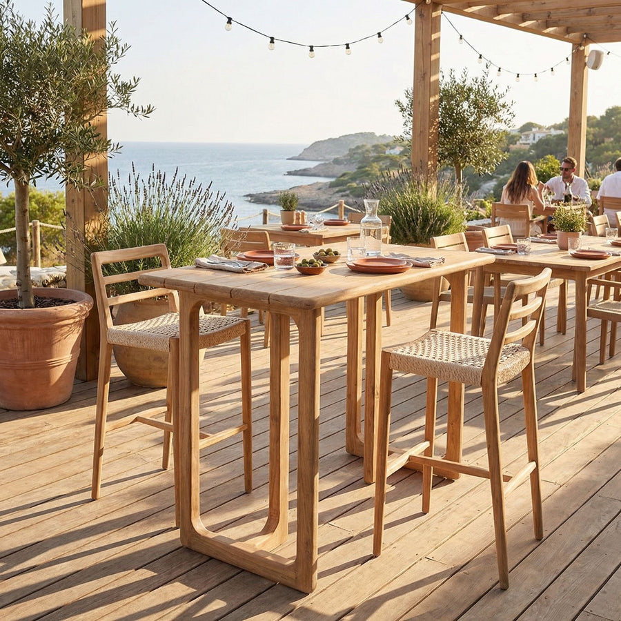 Outdoor Barstuhl Teakscape Rope aus massivem Teakholz mit geflochtener Sitzfläche