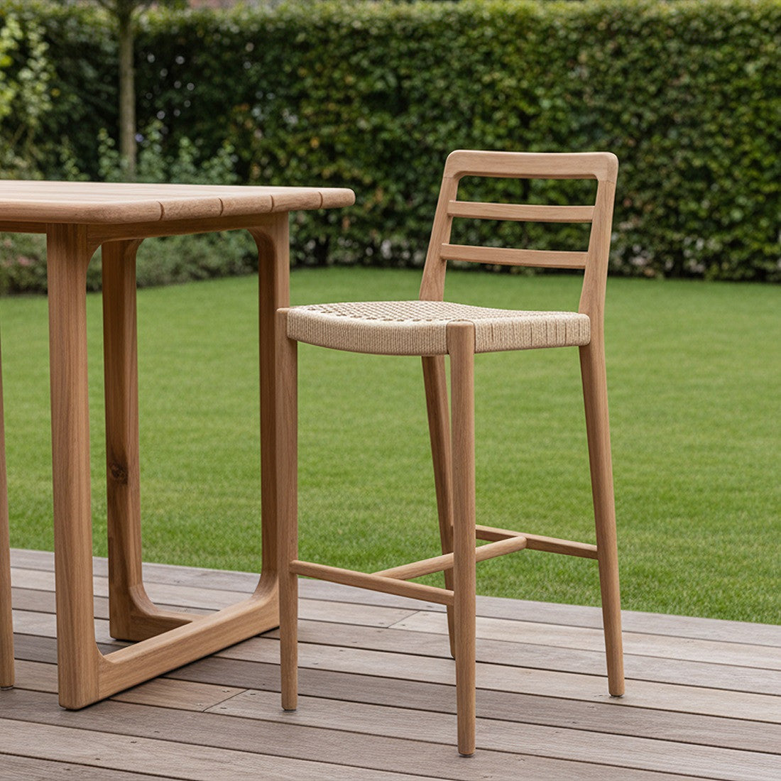 Outdoor Barstuhl Teakscape Rope aus massivem Teakholz mit geflochtener Sitzfläche
