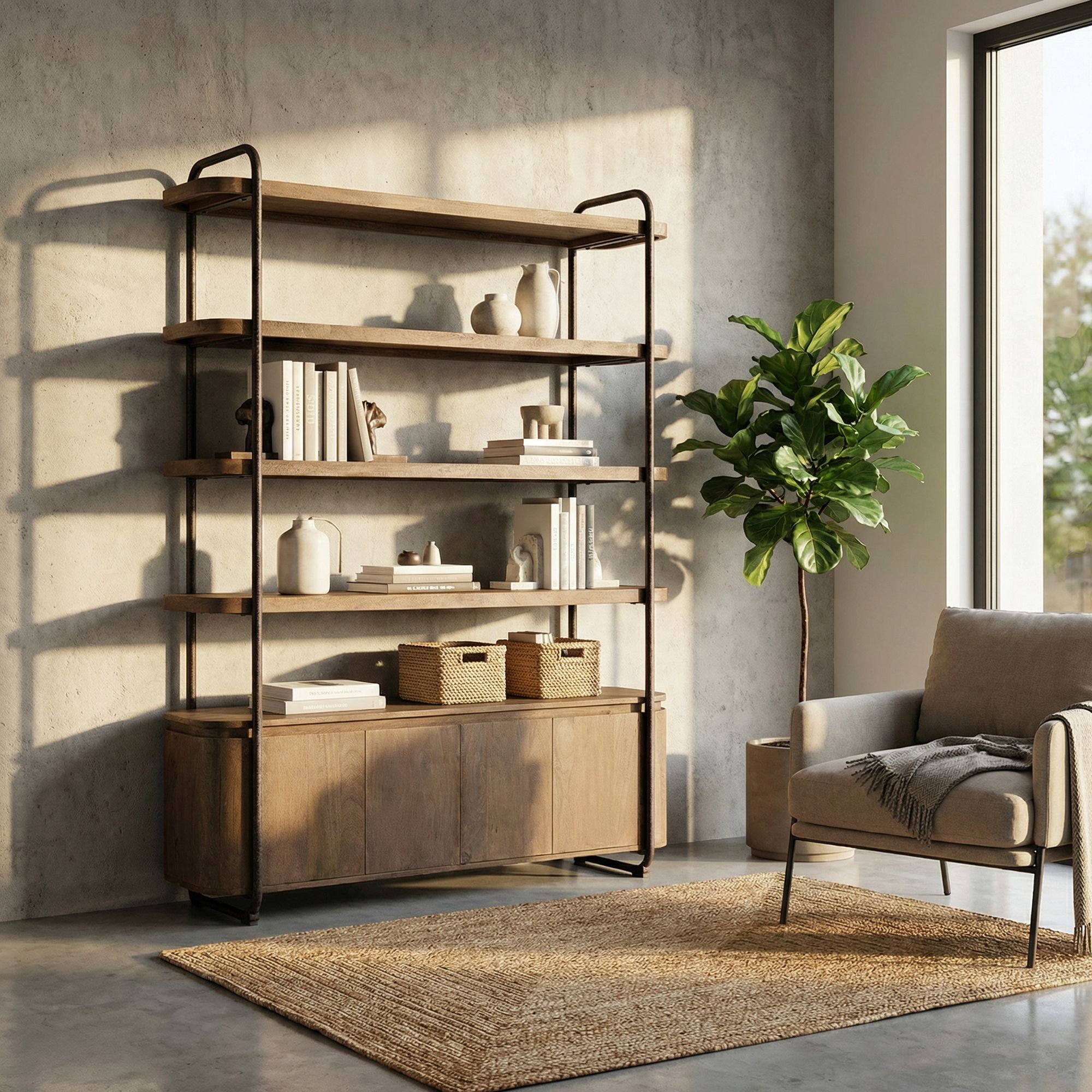 Bücherregal Elswick 4 Türen Industrial aus Metall und Mangoholz mit offenen Regalböden und Stauraum | Bizzotto bei STUFF Shop